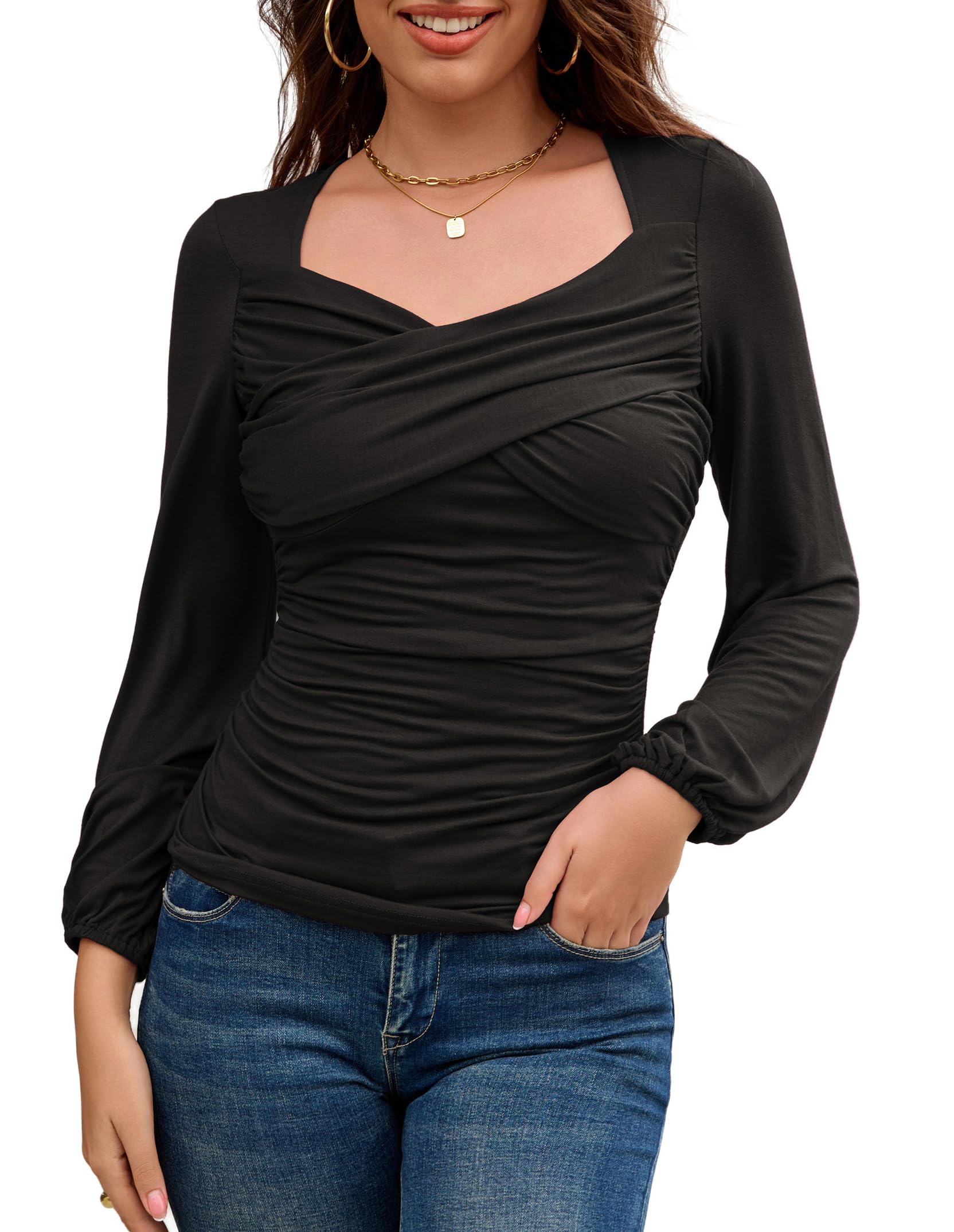 GRACE KARINWomen Long Sleeve Sweetheart Blouse Wrap Ruched Autumn Tunic Shirt Casual Tops