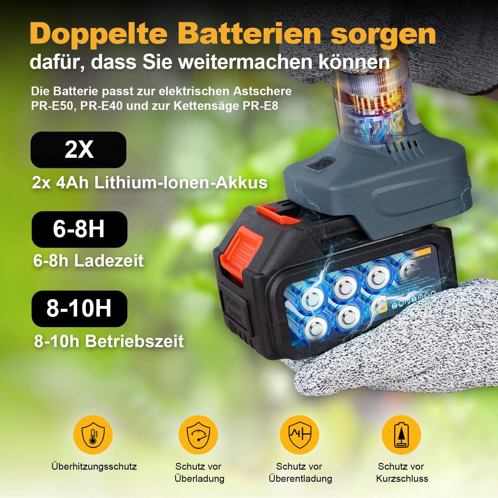 Akku Astschere 50mm mit Verlängerungsstiel für Baumpflege | professionelle Akku Gartenschere mit Verlängerung, 1,3–2,5m Teleskopstiel, Für hohe Äste und präzise Baumschnitte