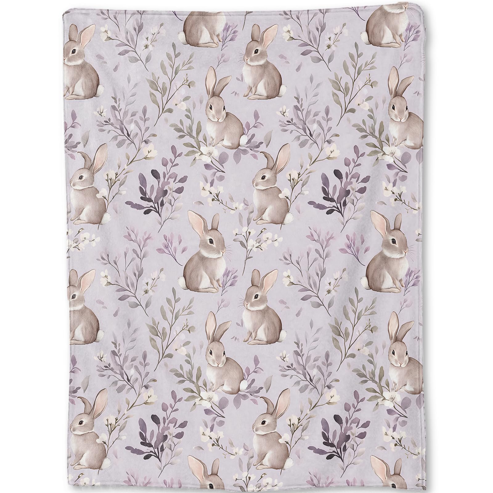 ainori Cute Bunny Blanket - Adorable Rabbit Pastel Lavender Floral Fleece Throw,Gifts for Kids Girls, Soft & Warm,Lightweight, for Modern Rustic Decor