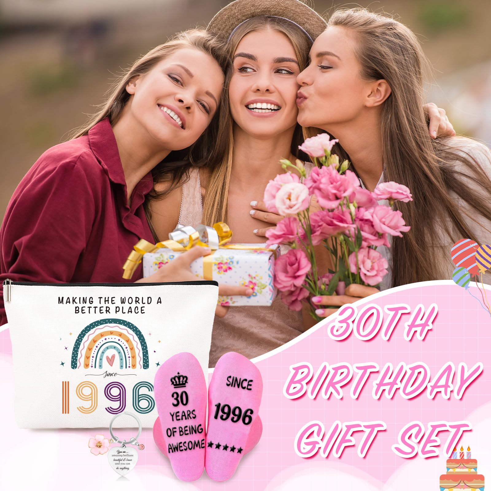 Funny 30th Birthday Gifts for Women – Retro Water-Resistant Makeup Bag, Personalized Socks & Inspirational Keychain, Cute 30th Birthday Gift Set for Bestie, Sister, Friend(1996) - 5