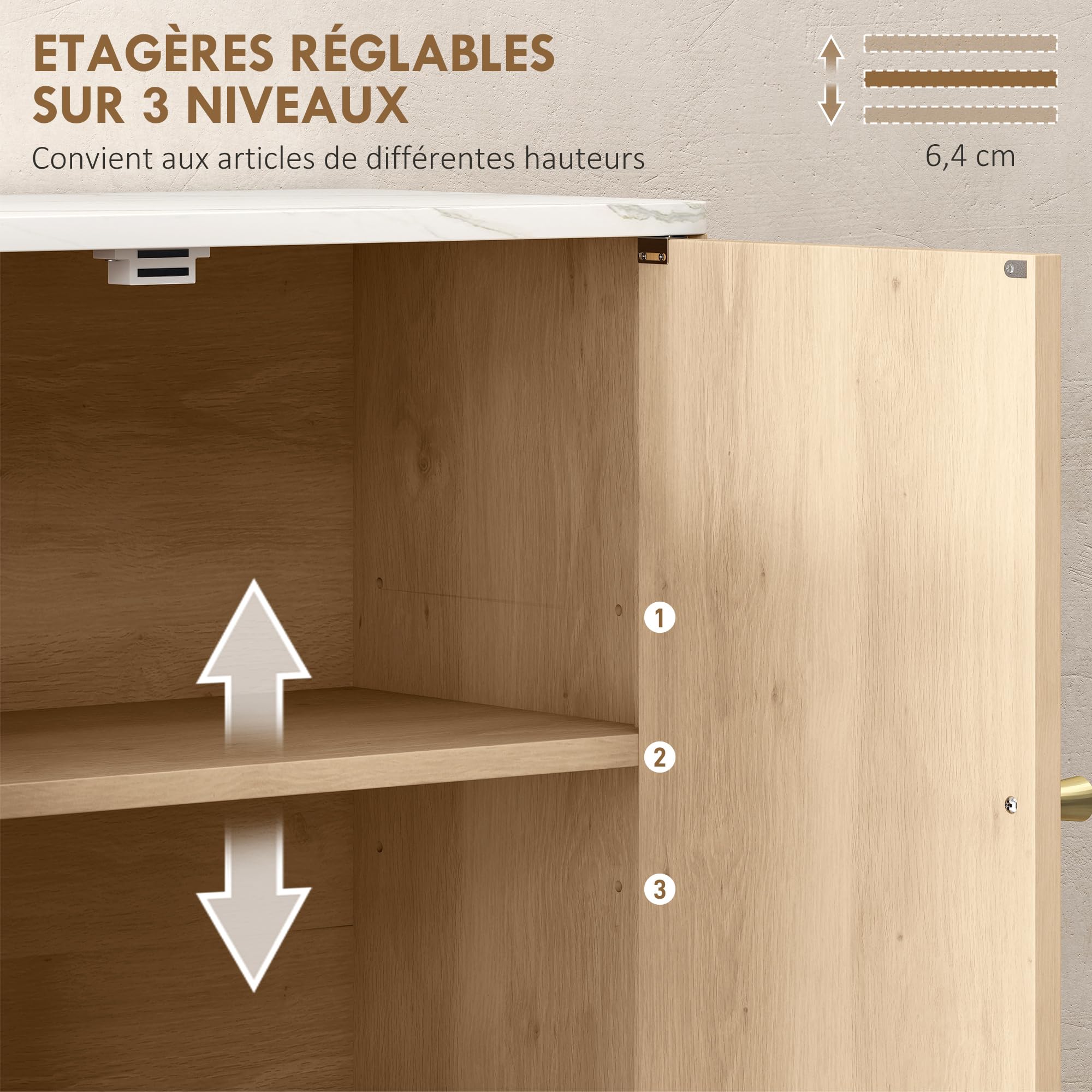 HOMCOM Armoire Murale de Salle de Bain, Meuble de Rangement avec Compartiment Ouvert et étagère réglable, Meuble Haut de Salle de Bain Portes à Motifs en Forme de sablier, 60 x 18 x 70 cm, chêne