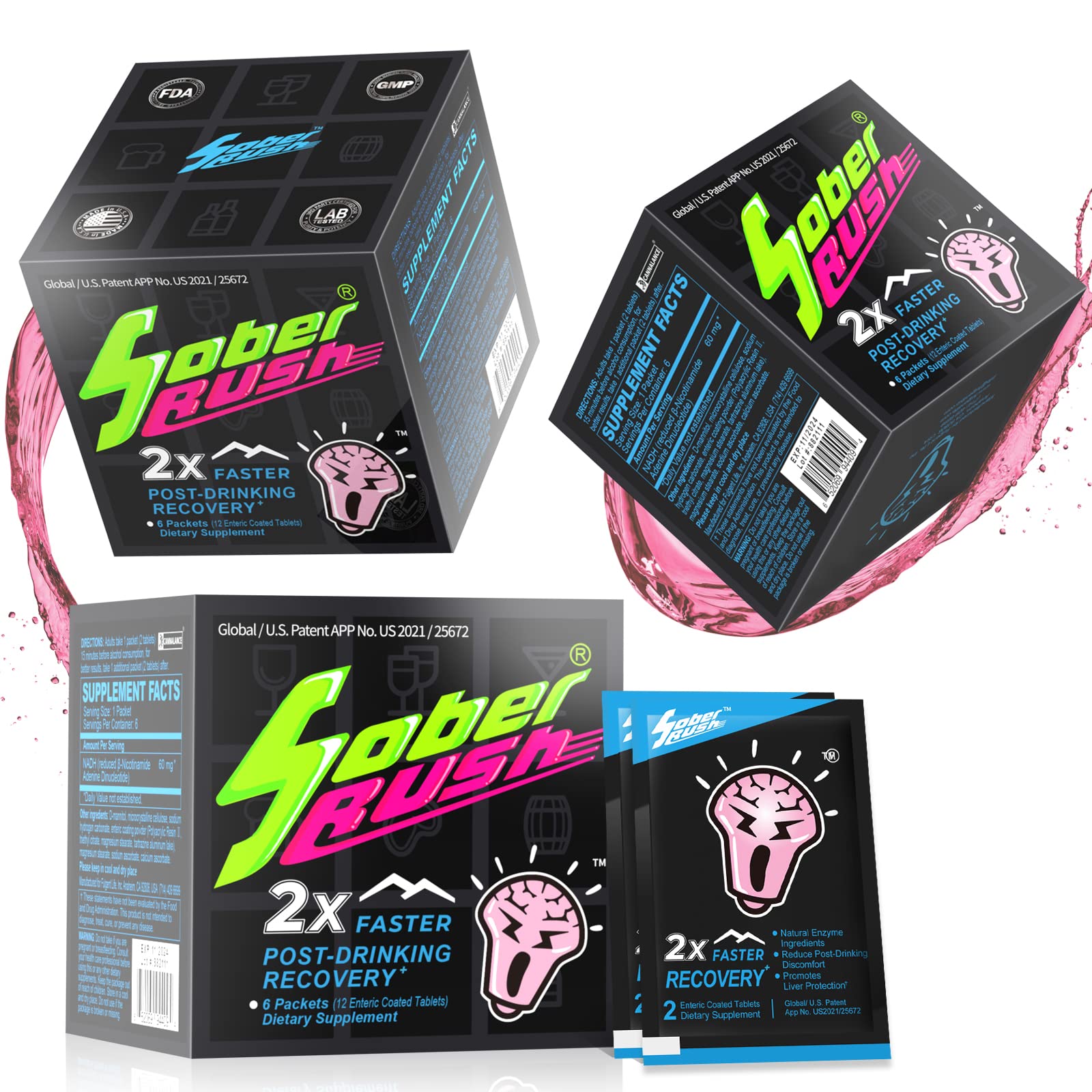 SOBER RUSHAlcohol Detox Enzyme, Break Down 90% in-Body Toxin Within 4 Hours, NADH Patented Formula (3 boxes--18 Servings)