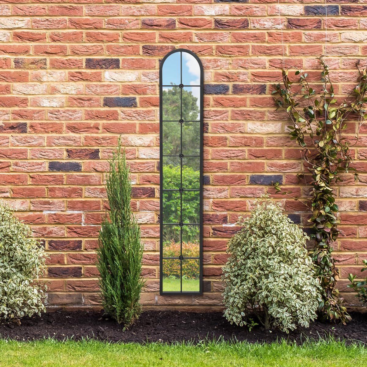 MirrorOutlet The Arcus - Black Framed Modern Full Length Garden Arched Leaner Wall Mirror 67" X 12" (170CM X 30CM) Silver Mirror Glass with Black All weather Backing.