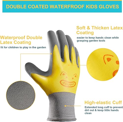 Miniatura 2 de COOLJOB Guantes de jardinería impermeables para niños, doble revestimiento de goma para jardín, 2 pares S