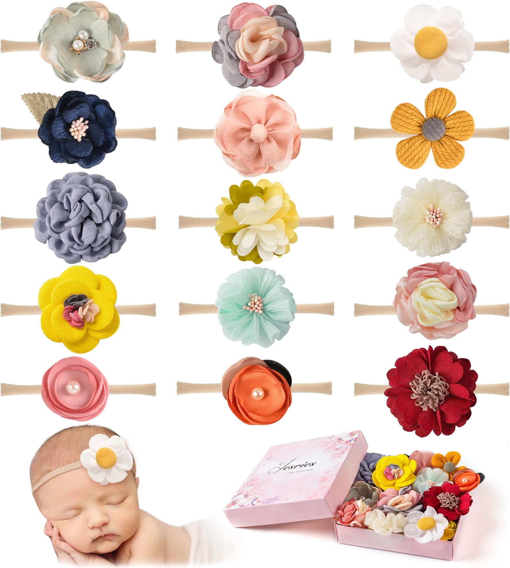 15 PCS Baby Girls Headbands Hairbands Elastics Hair Bows Flowers Handmade Floral Soft Nylon Hair Bands Hair Accessories for Newborn Infant Toddlers Kids
