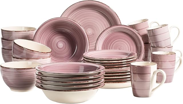 MÄSER Bel Tempo II, 30-częściowy zestaw naczyń w stylu vintage dla 6 osób, ręcznie malowany serwis ceramiczny, kamionka, jagoda