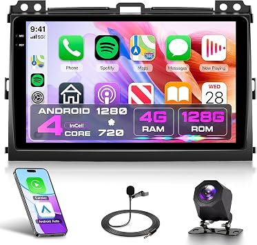 Rimoody 4G+128G Car Stereo for Toyota Land Cruiser Prado 2004-2009 Lexus GX470 Wireless CarPlay Android Auto, Android Car Radio 9 Touch Screen/GPS/Bluetooth/FM RDS/EQ/Wi-Fi/Mirror Link, Rear Camera