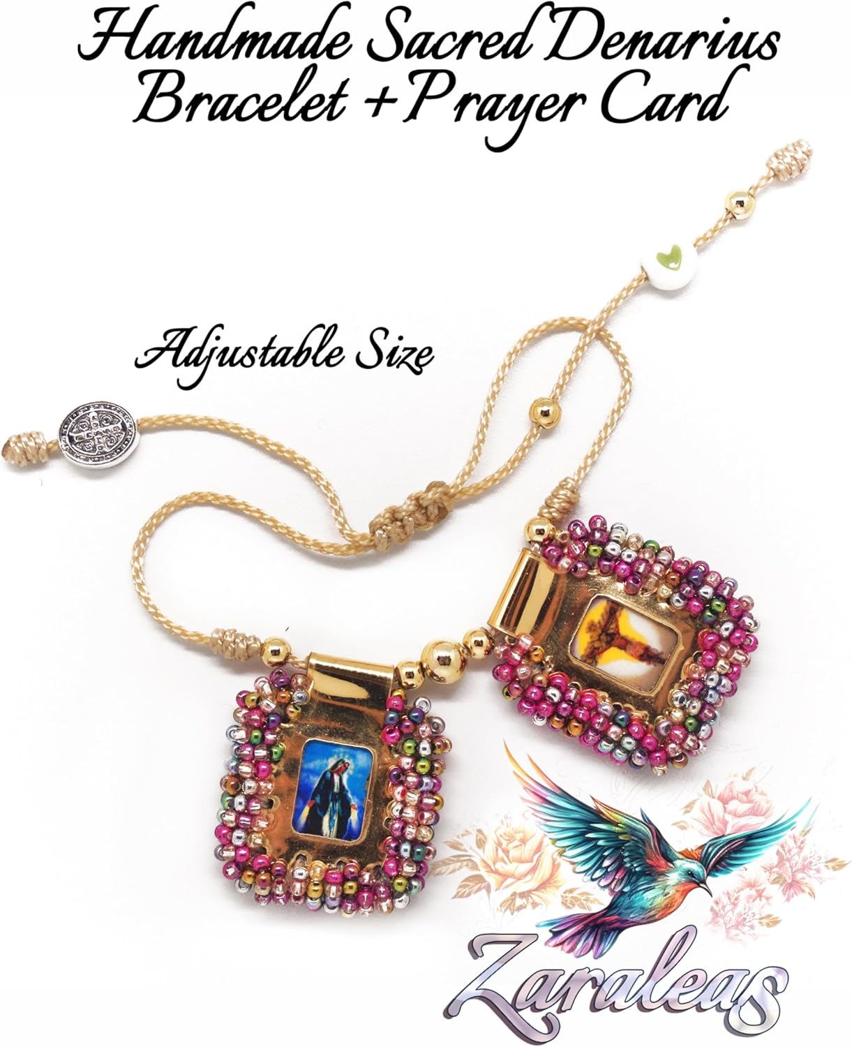 Scapular Bracelet Embroidered Handmade Sacred Heart of Jesus, Holy Virgin, Virgin Guadalupe & St. Michael Archangel Gold Frame Rainbow Beads 2,5x3cm by Zaraleas - Image 2