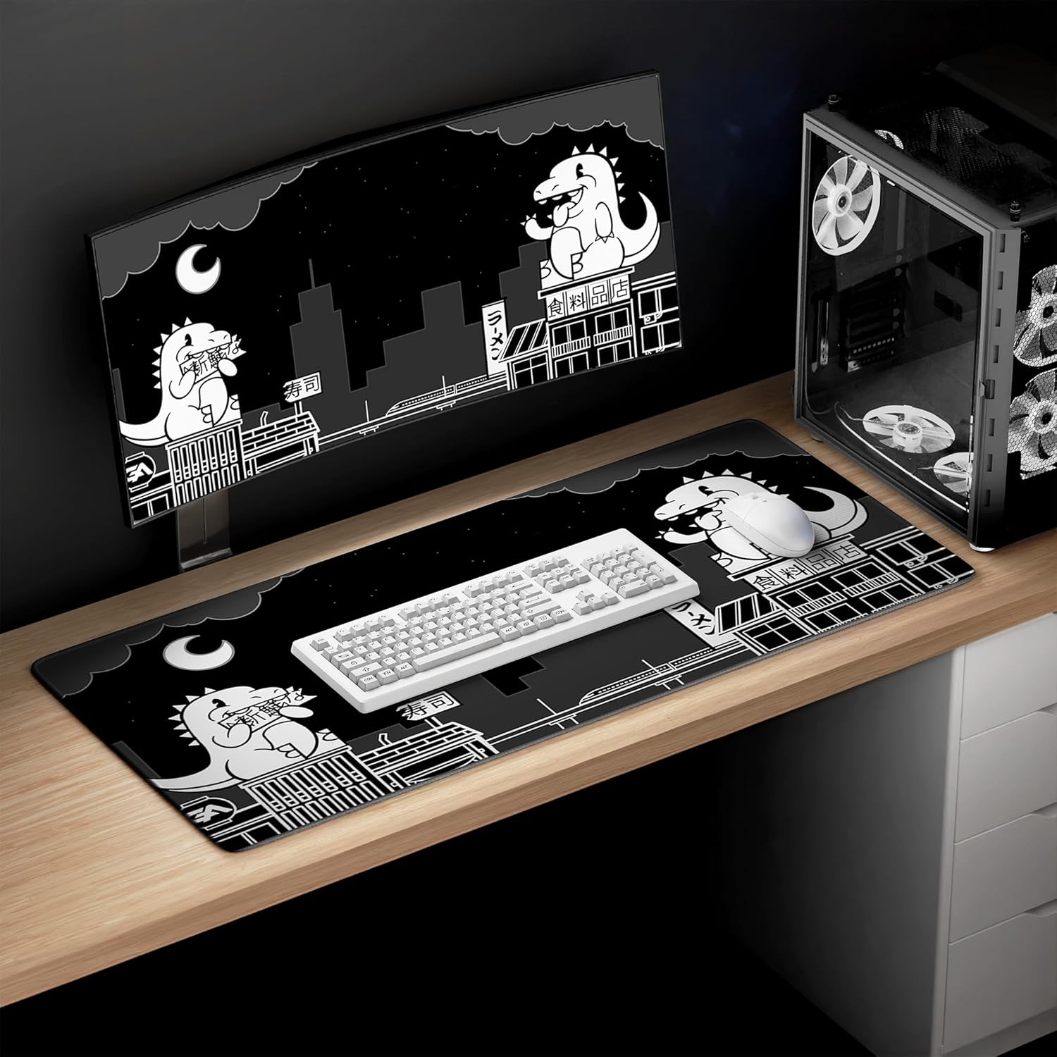 GutzyAiden Extended Extra Large Mouse Pad | Gaming Setup | Hybrid Polyester Fabric Top | Non-Slip Natural Rubber Base | 5mm Thick | Dino City - Black | XXL - 36" x 18" |