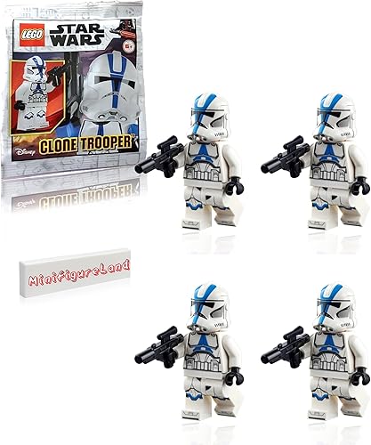 LEGO Star Wars - Minifigura de The Clone Wars - 501st Legion Clon Trooper con Blaster y Minifigureland Tile (75280) paquete de 4