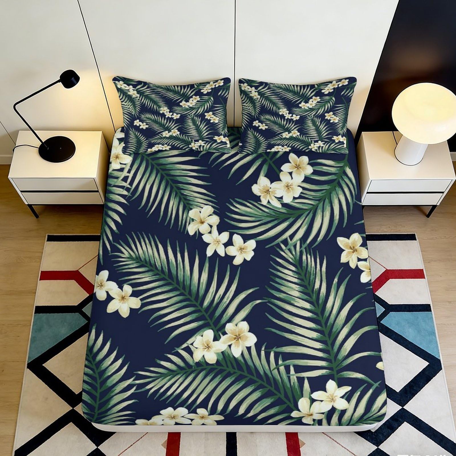 3D Printed Tropical Leaves Fitted Sheet Microfiber Deep Pocket Non-Slip Bedroom Bedding Tropical Leaves Mattress Fitted Cover 200x200x25cm 90x200x25cm