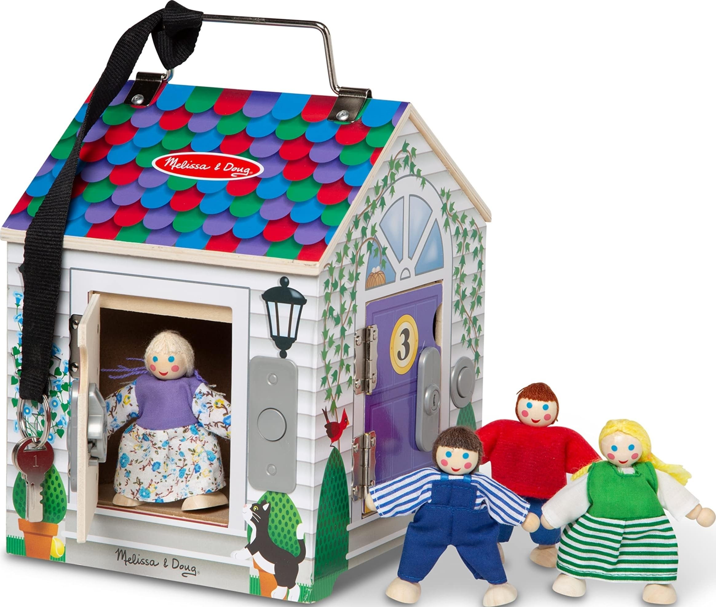 Melissa & Doug Casa delle Bambole Portatile in Legno con Campanelli - da Gioco, Gioco Montessori, in Legno Snodate, Regalo per Bambine e Bambini, 3+ Anni