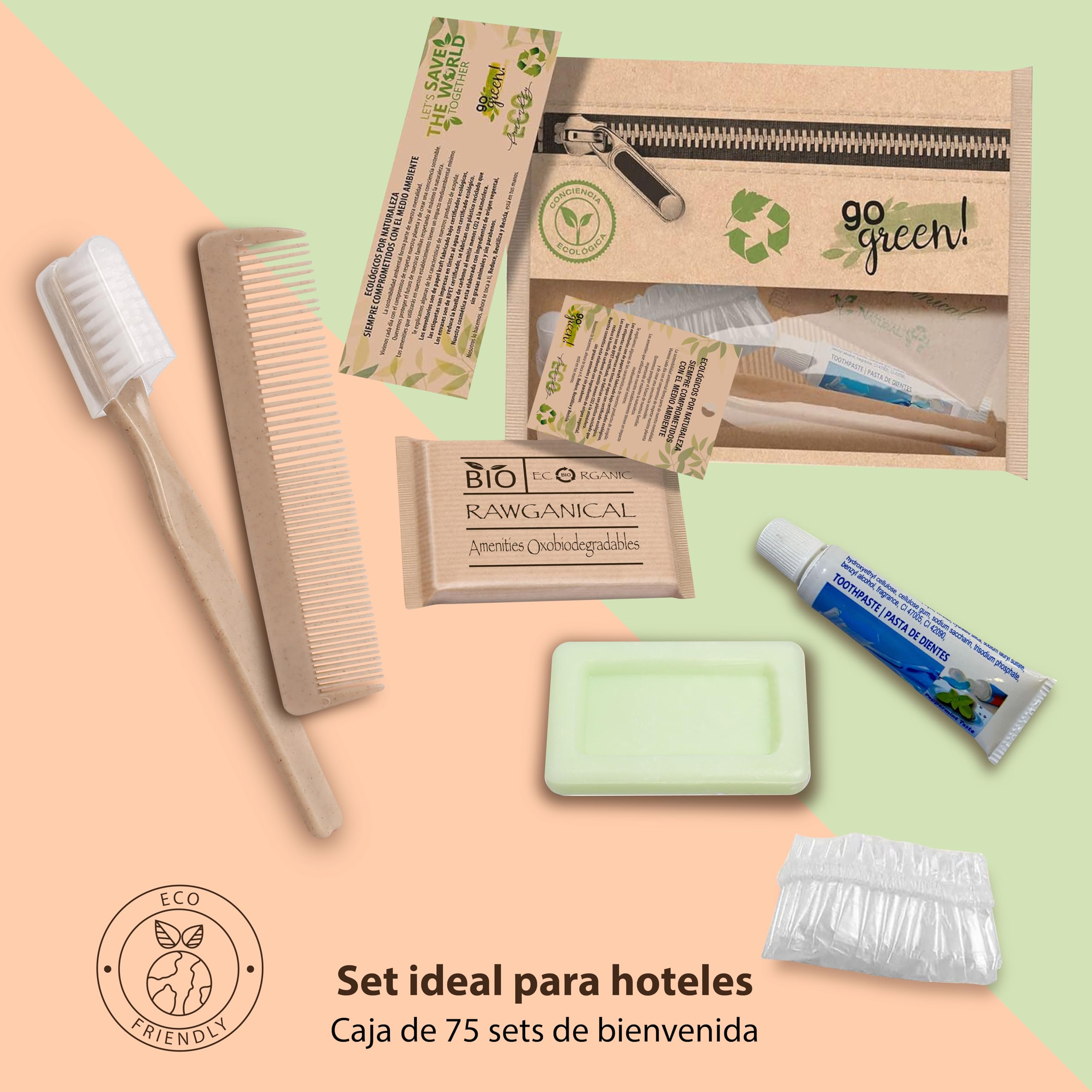 75 Sets de bienvenida hotel 5 piezas| 100% Ecológico| Neceser Bio Eco| Set higiéne personal para hotel ecológico| Amenities de bienvenida para hoteles