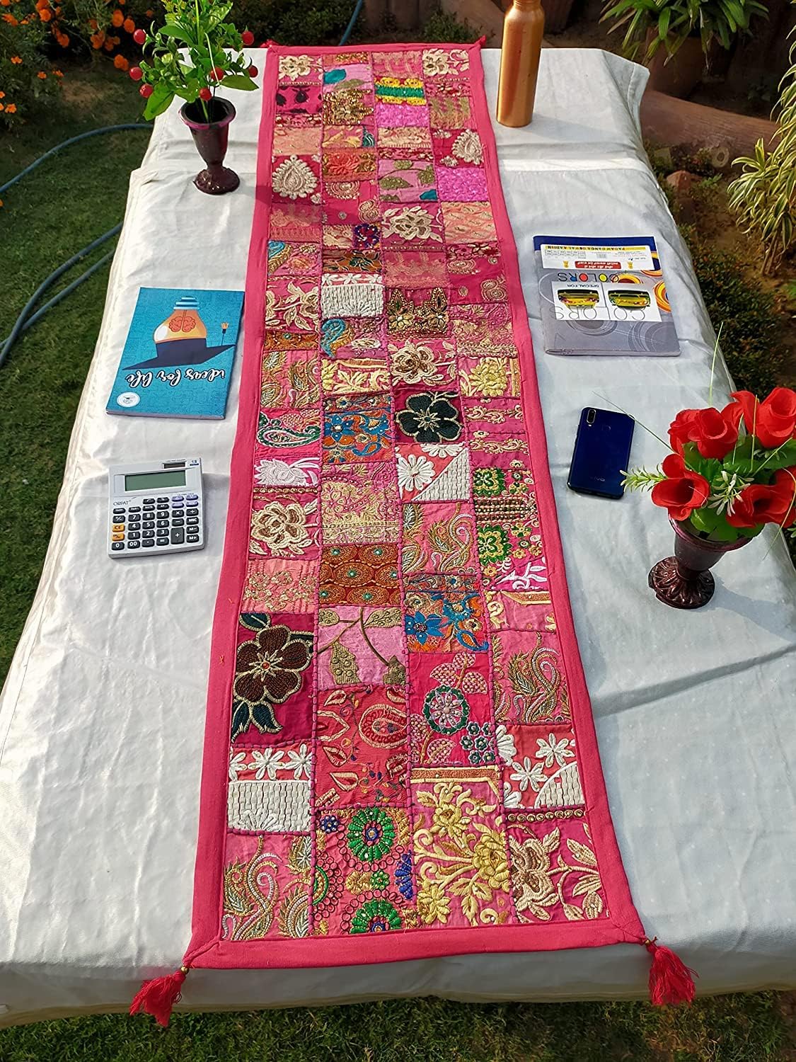 Handwork Embroidered Cotton Table Runner - Patchwork Boho Bohemian Room Decor Indian Wedding Reception Party Decorative Placemat for Dining Table 16x72 Inch (Patchwork Pink)