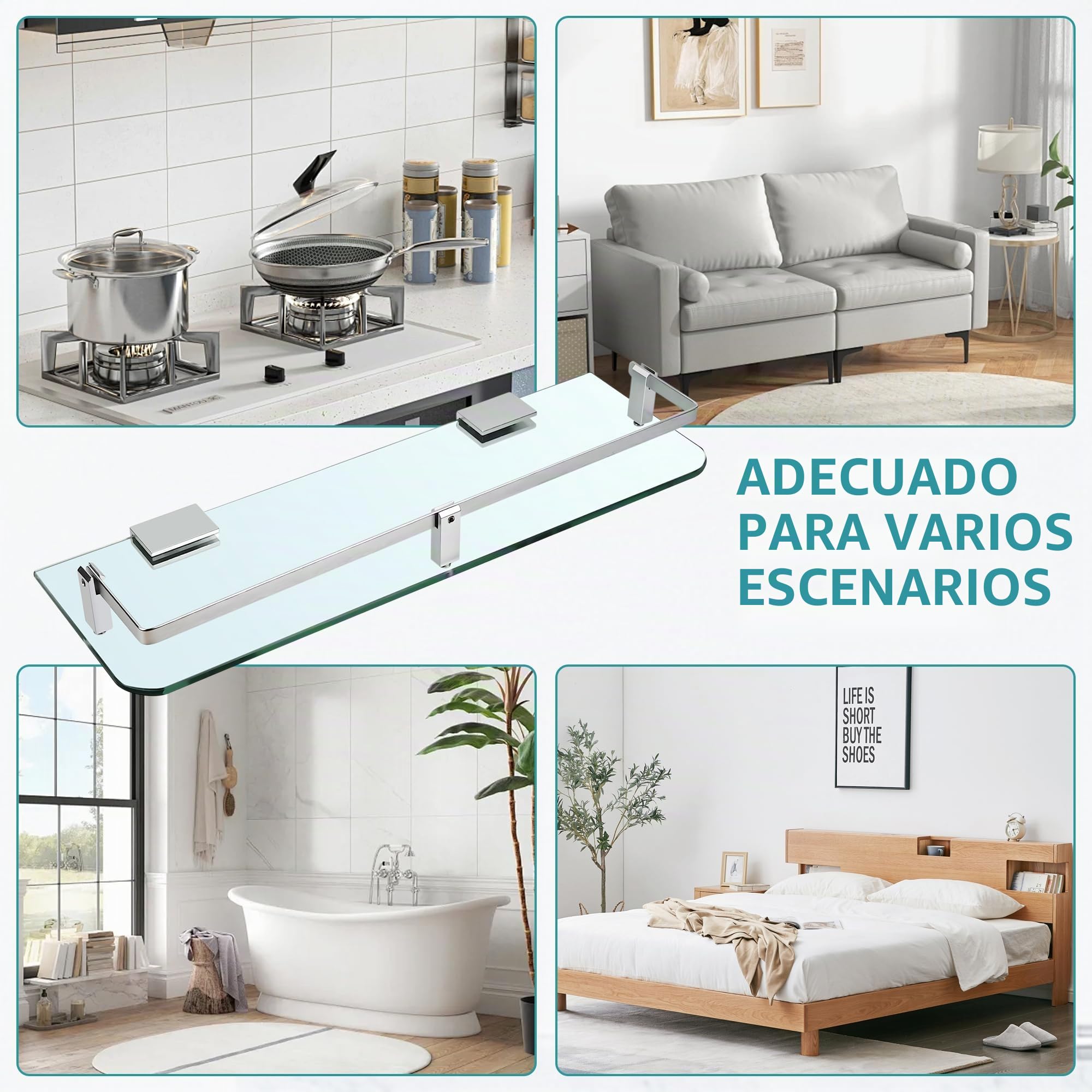 Estantes de cristal de baño montados en la pared, estante de baño de vidrio templado de 40 cm con riel, estante de baño extragrueso de 6 mm