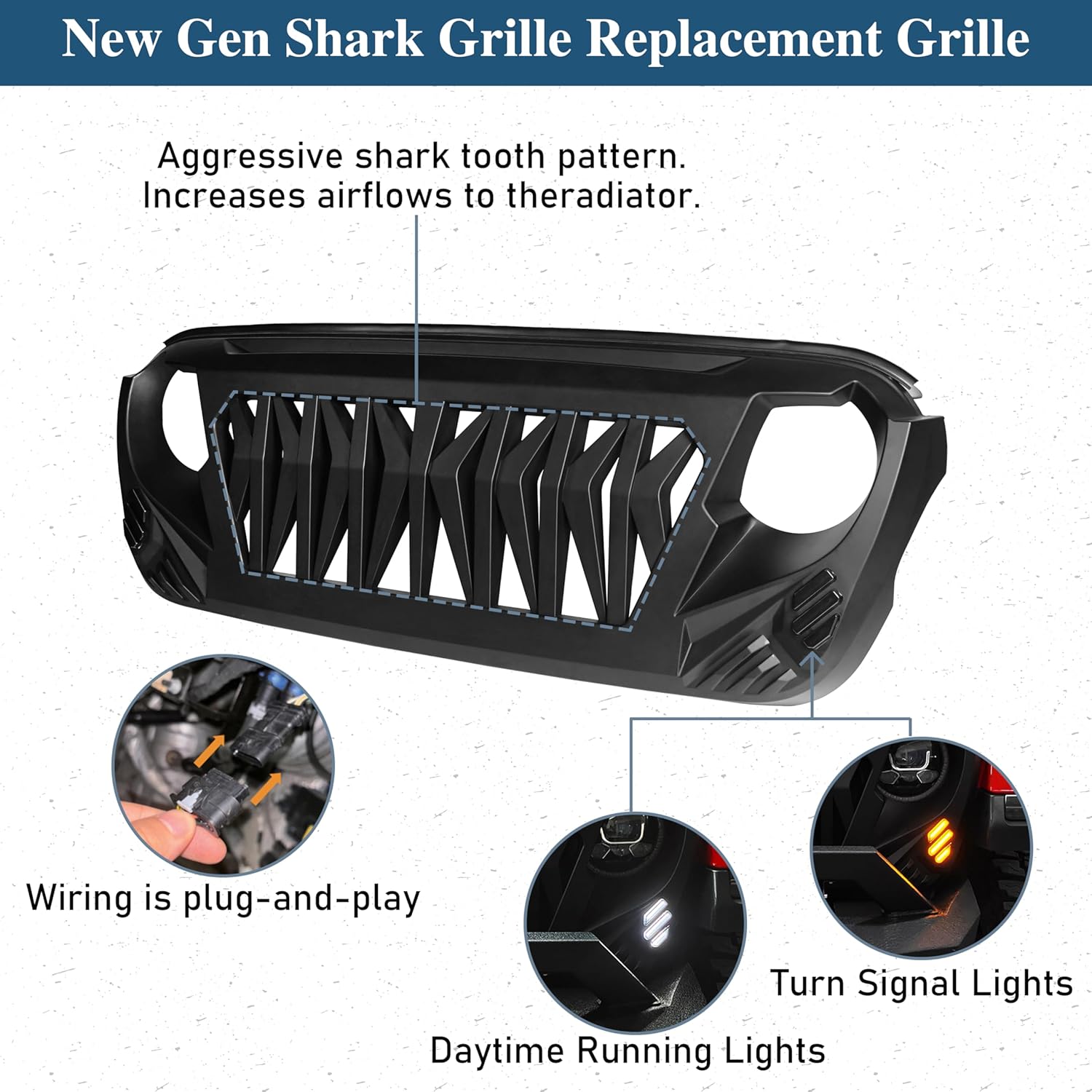 Hooke Road JL Grill Matte Black Replacement Front Shark Grille w/LED Lights Compatible with 2018-2026 Jeep Wrangler JL & Gladiator JT