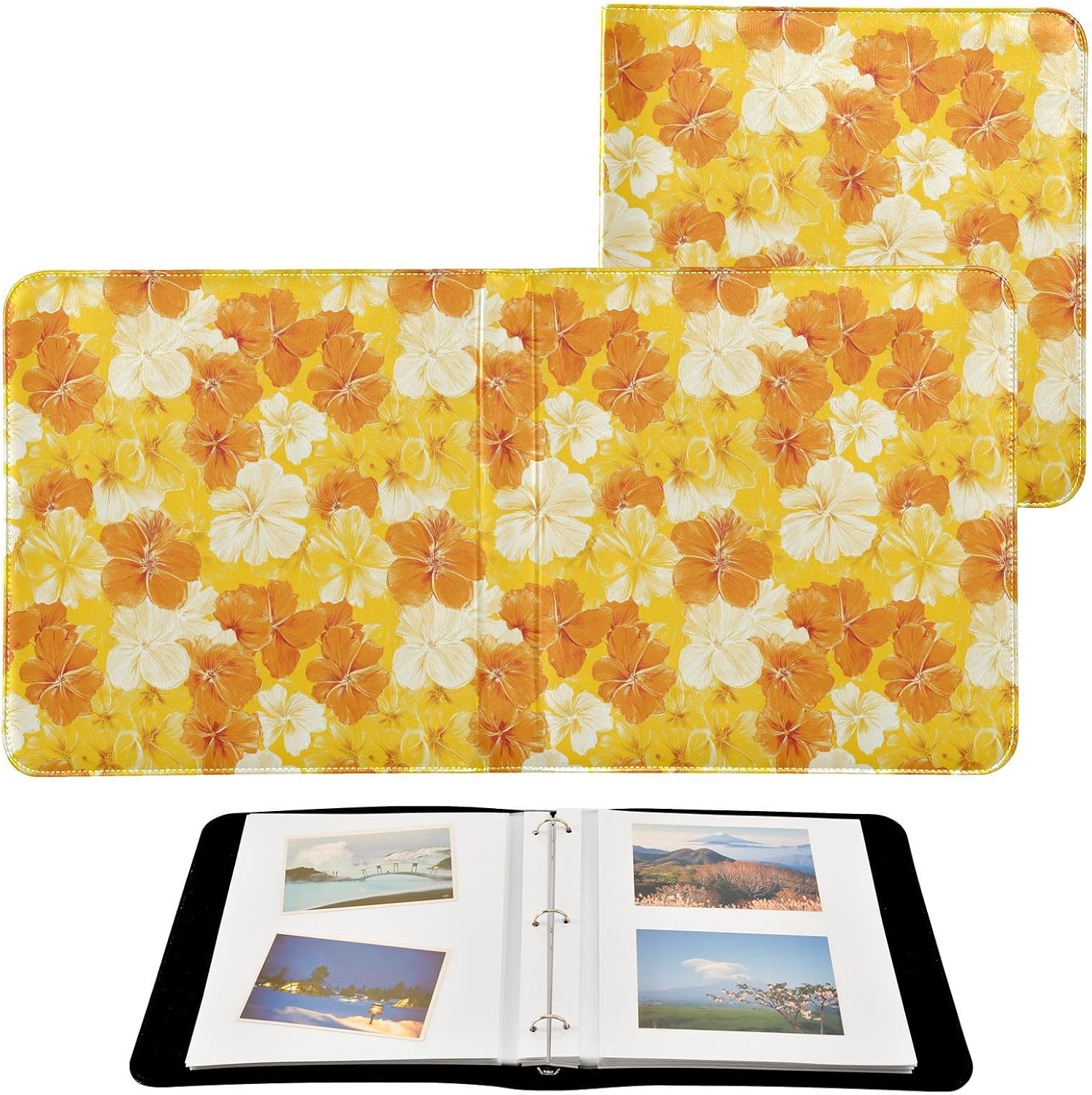 ALAZA White Yellow Flowers Photo Album Self Adhesive Scrapbook Album PU Leather Cover 3 Ring Binders Photo Book for Wedding Family Travel Memory
