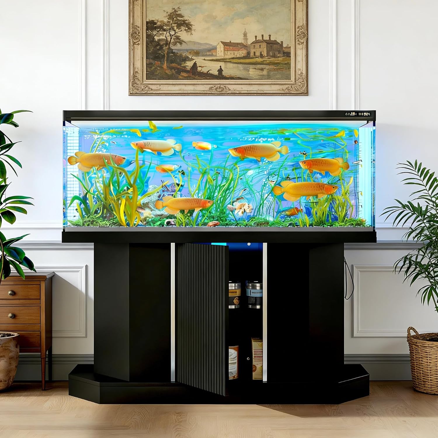 Modern 55-75 Gallon Fish Tank Stand with Power Outlet (4 AC 2 USB Ports), Heavy Duty Aquarium Stand with Cabinet Storage for Fish Tank, Turtle Tank, Reptile Terrarium, 880LBS Capacity, Black