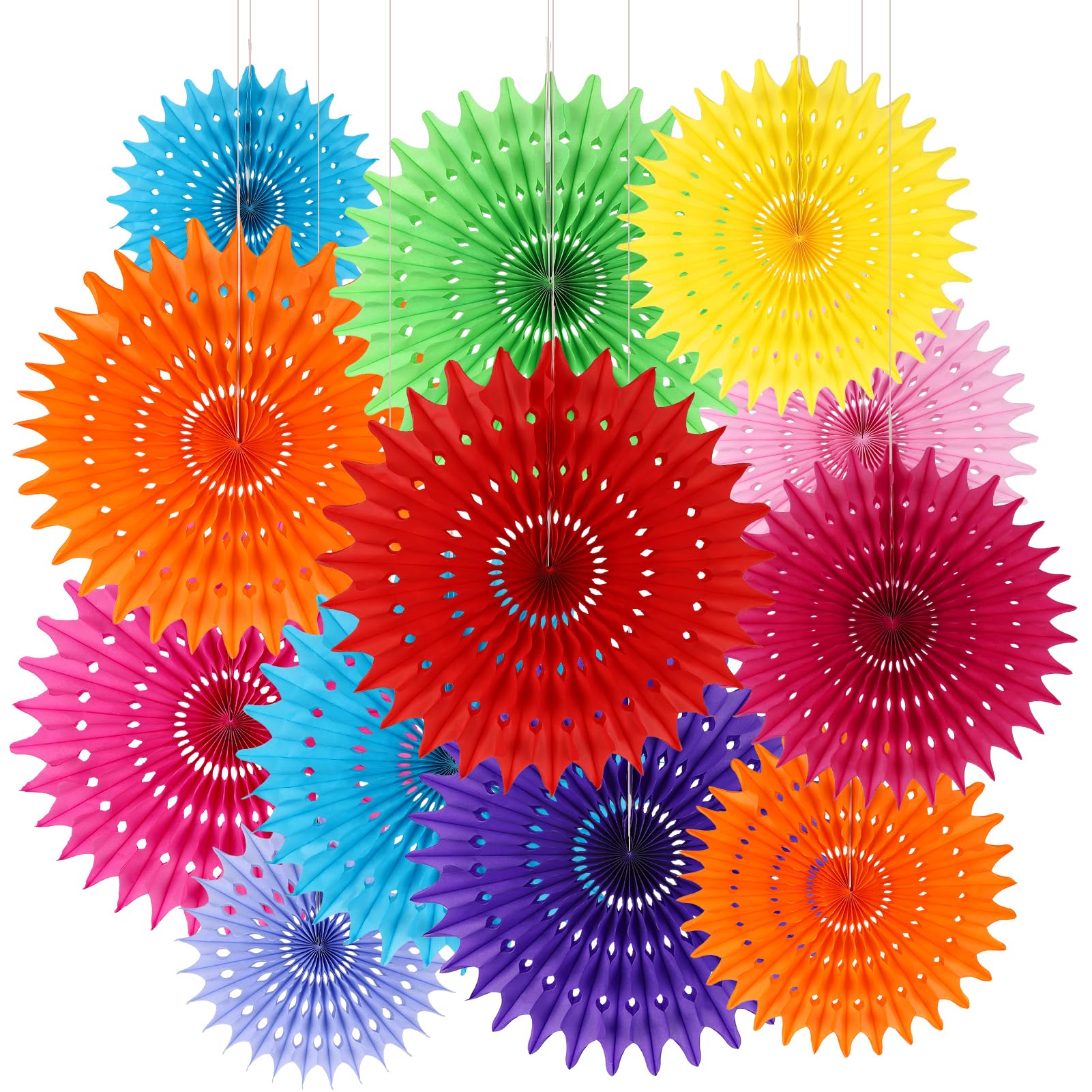 BestoFun 12 Stück Bunt Papier Fächer Set Orange Rosa PomPoms Tissue Blumen Grün Gelb Blau Hängende Blumen Girlande Hellrosa Hellviolett Papier Fächer Dekoration für Geburtstags Hochzeit Karneval Deko