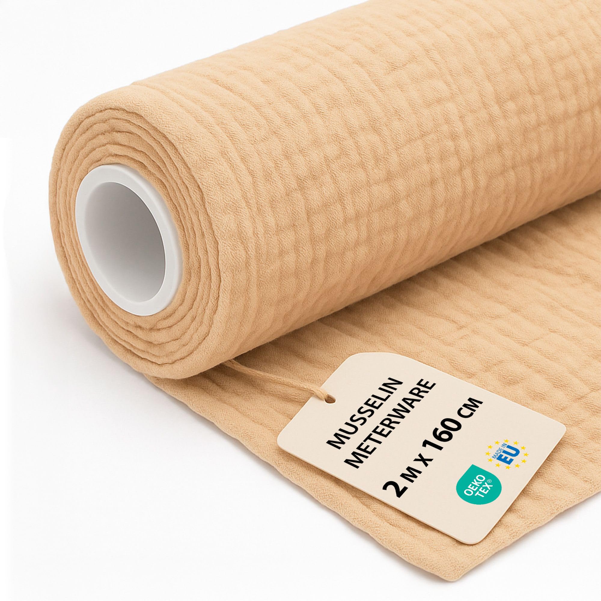 Musselin Stoff Meterware 2 M x 160 cm - Baumwollstoff Stoffe zum Nähen ideal für Bettwäsche Decke Kinder Tuch Tischläufer leichte Baumwolle Fabric Musselinstoff Oeko-Tex-Zertifikat Beige