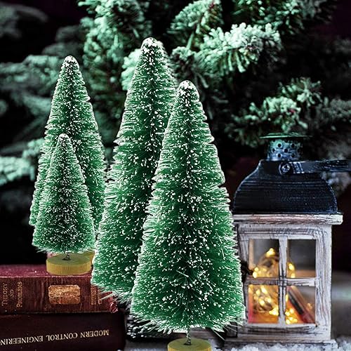 Miniatura 7 de Yookat 40 mini pinos con base de madera, verde, 4 tamaños, perfectos para manualidades, decoración de Navidad, adornos de invierno