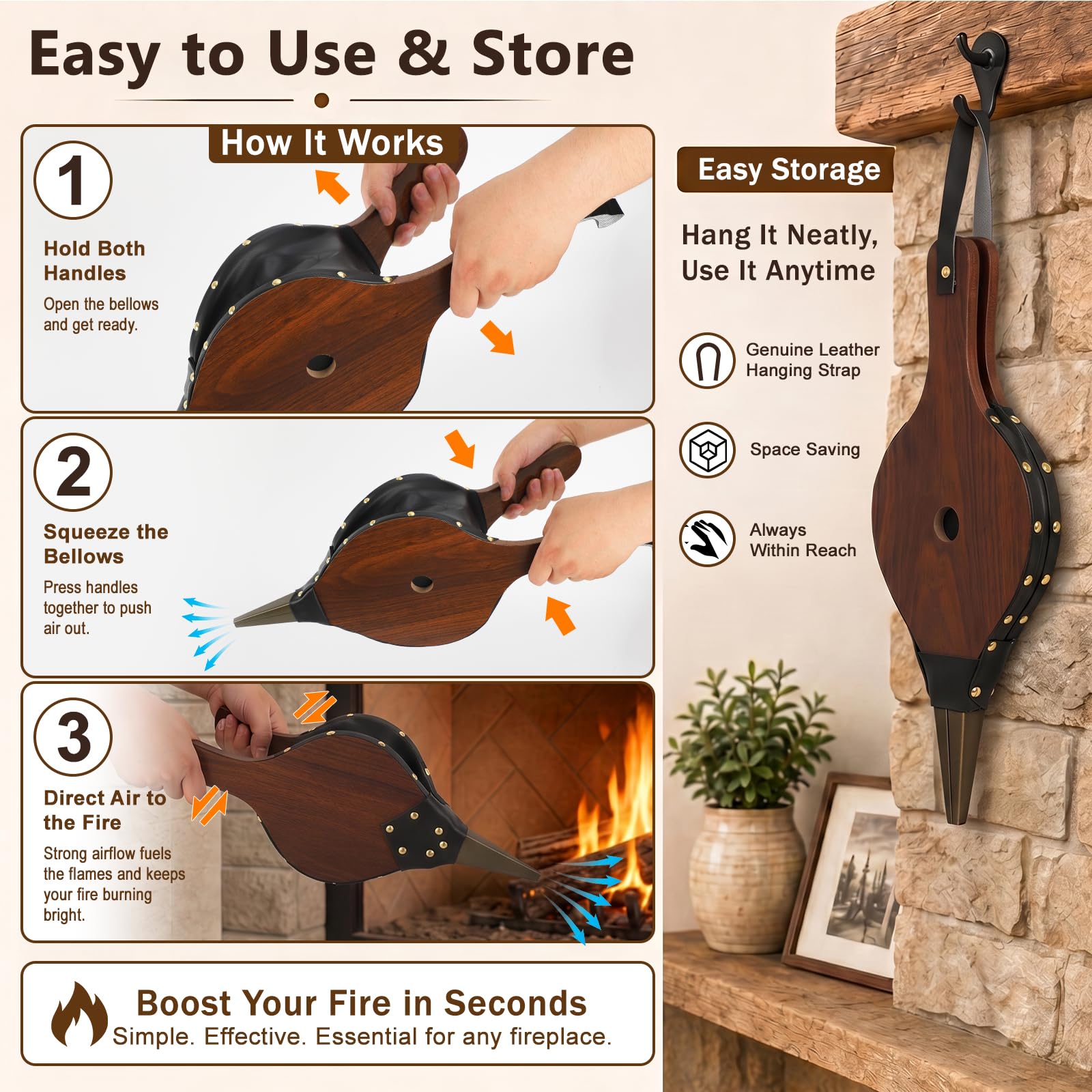 Gtongoko Soffietto per camino, 48,3 x 19,1 cm, grande, per interni ed esterni, campeggio, barbecue, in legno, pompa a soffietto, accessori per utensili antincendio con cinghia per appenderlo, marrone