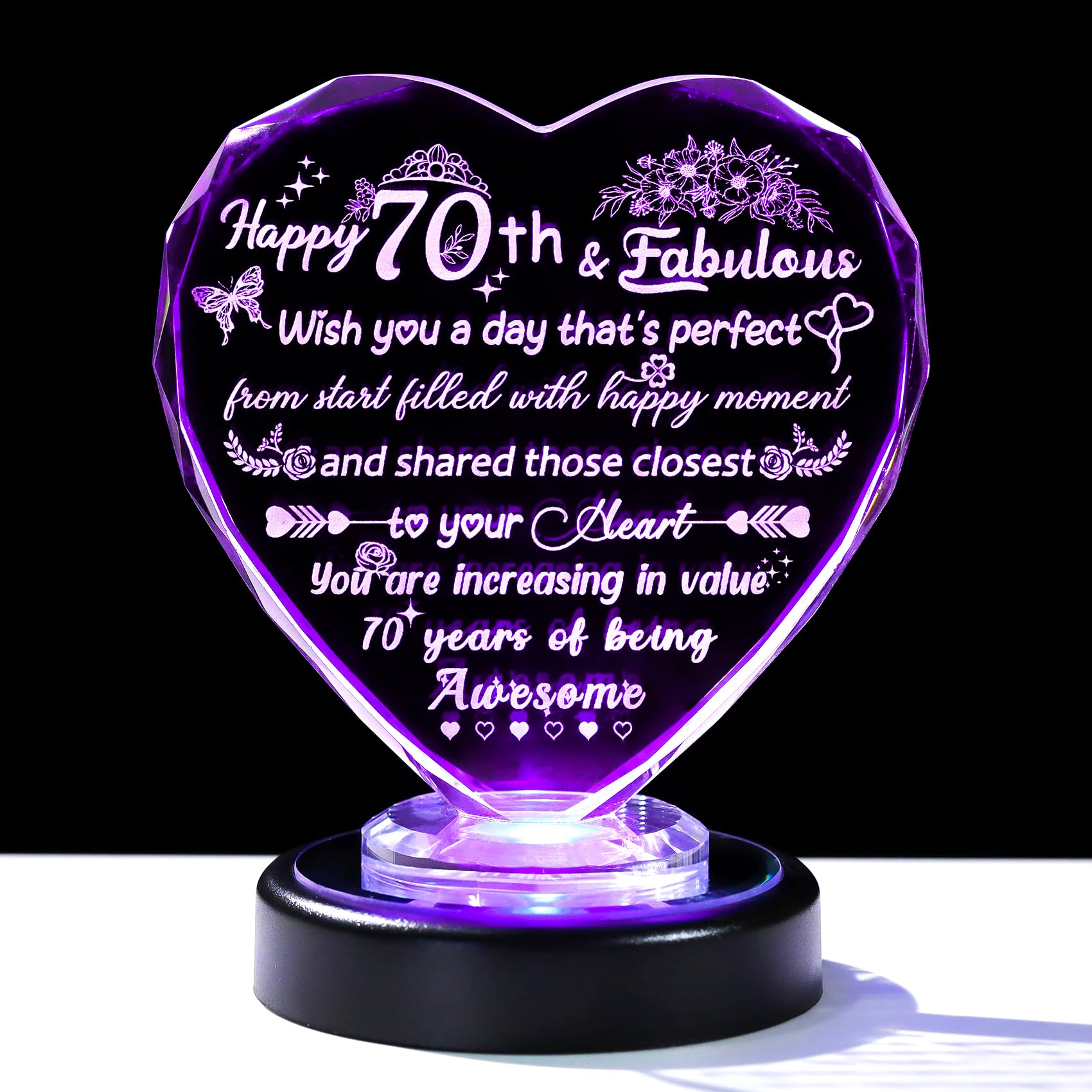Arikyrist Crystal 70th Happy Birthday Gifts for Women Heart Keepsake for  Mum Grandma Friends 70 Years Old with Colorful Light Base Speical 70th