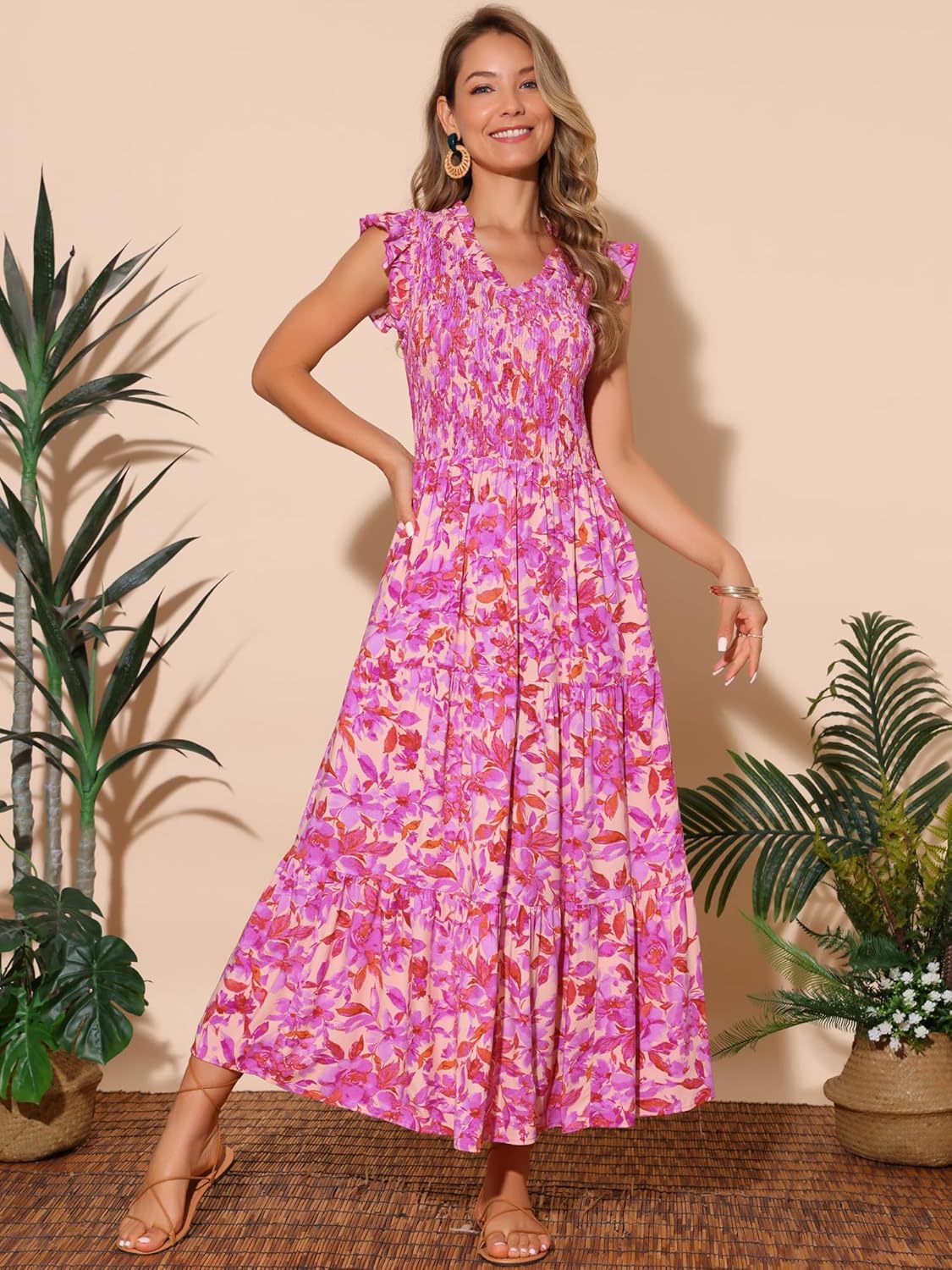 Seta T Women's Summer Dresses Casual Cap Sleeve V Neck Smocked Floral Ruffle Tiered Flowy Beach Maxi Dress - Image 3