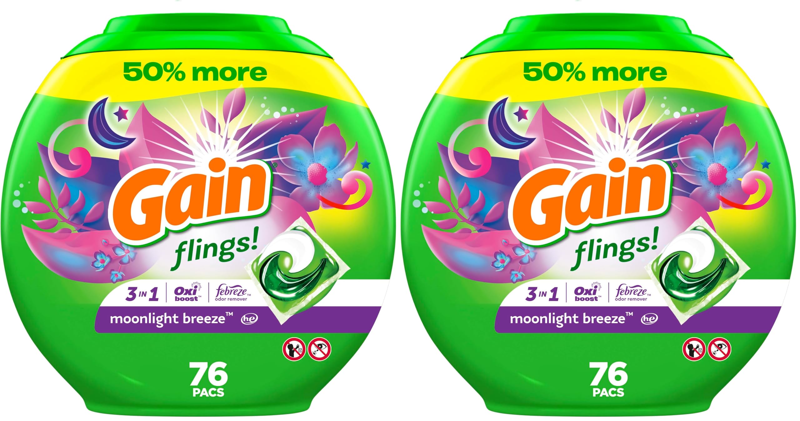 Gain Laundry Detergent Pacs, Moonlight Breeze | HE Compatible | Long Lasting Scent | 76 Count | Pack of 2