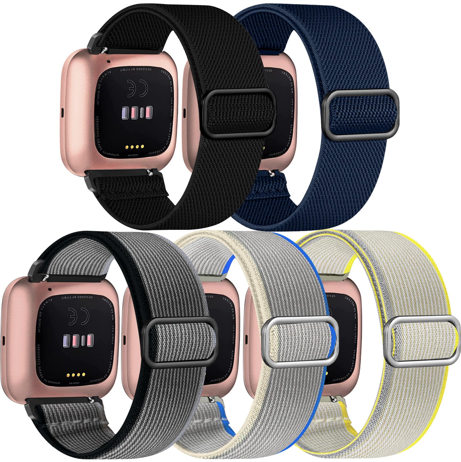 chinbersky 5 Pack Strap Compatible with Fitbit Versa 2 Straps/Fitbit Versa Strap for Women and Men, Soft Adjustable Stretch Nylon Sport Replacement Band for Fitbit Versa 2/Versa/Versa Lite/SE