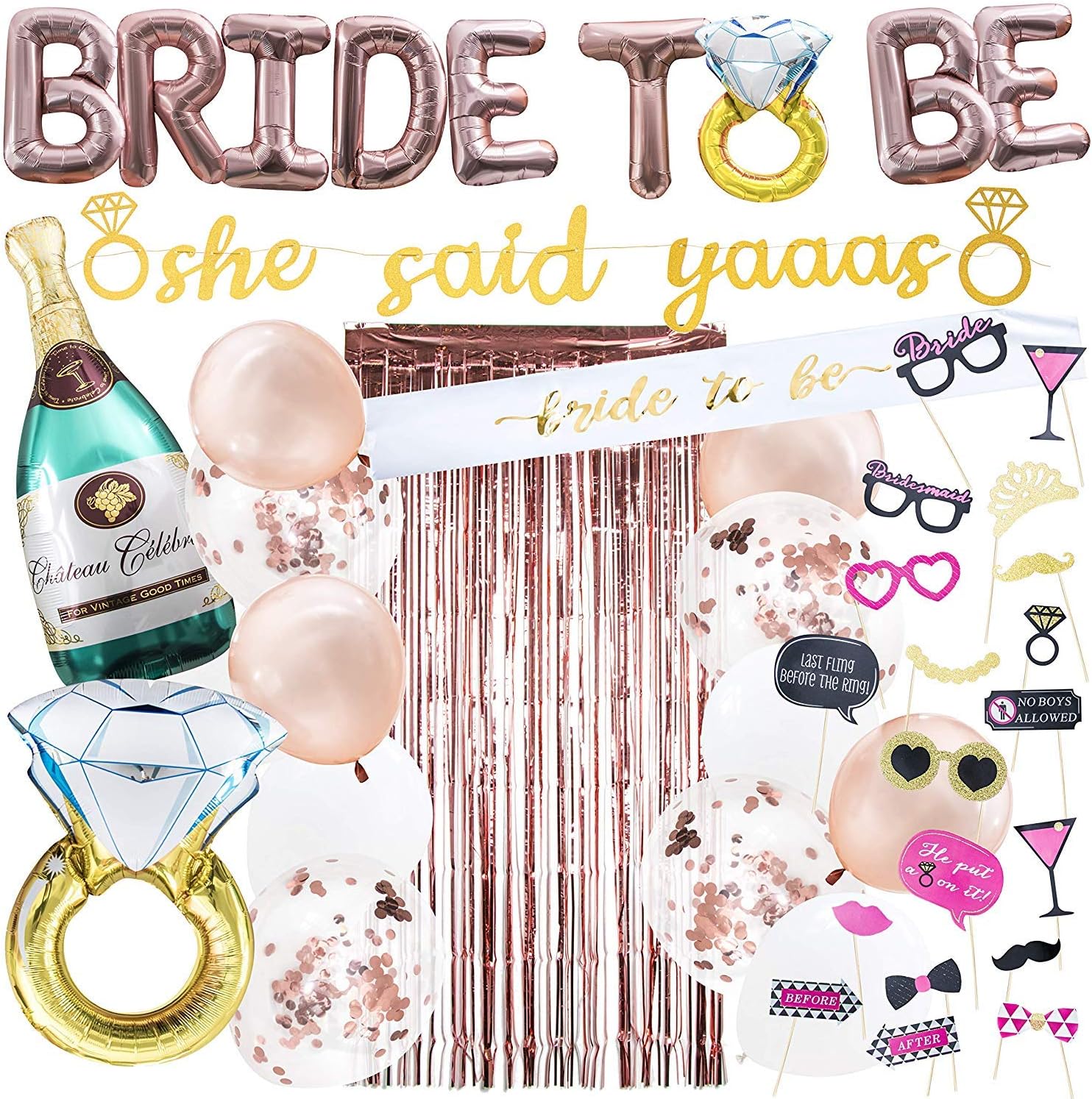 Rose Gold Bachelorette Party Decorations Kit I Bridal Party Decor I She Said Yaaas Banner, Bride to be Balloon, Engagement Ring Balloon, Rose Gold Foil Curtain + Girls Night Photo Booth Props