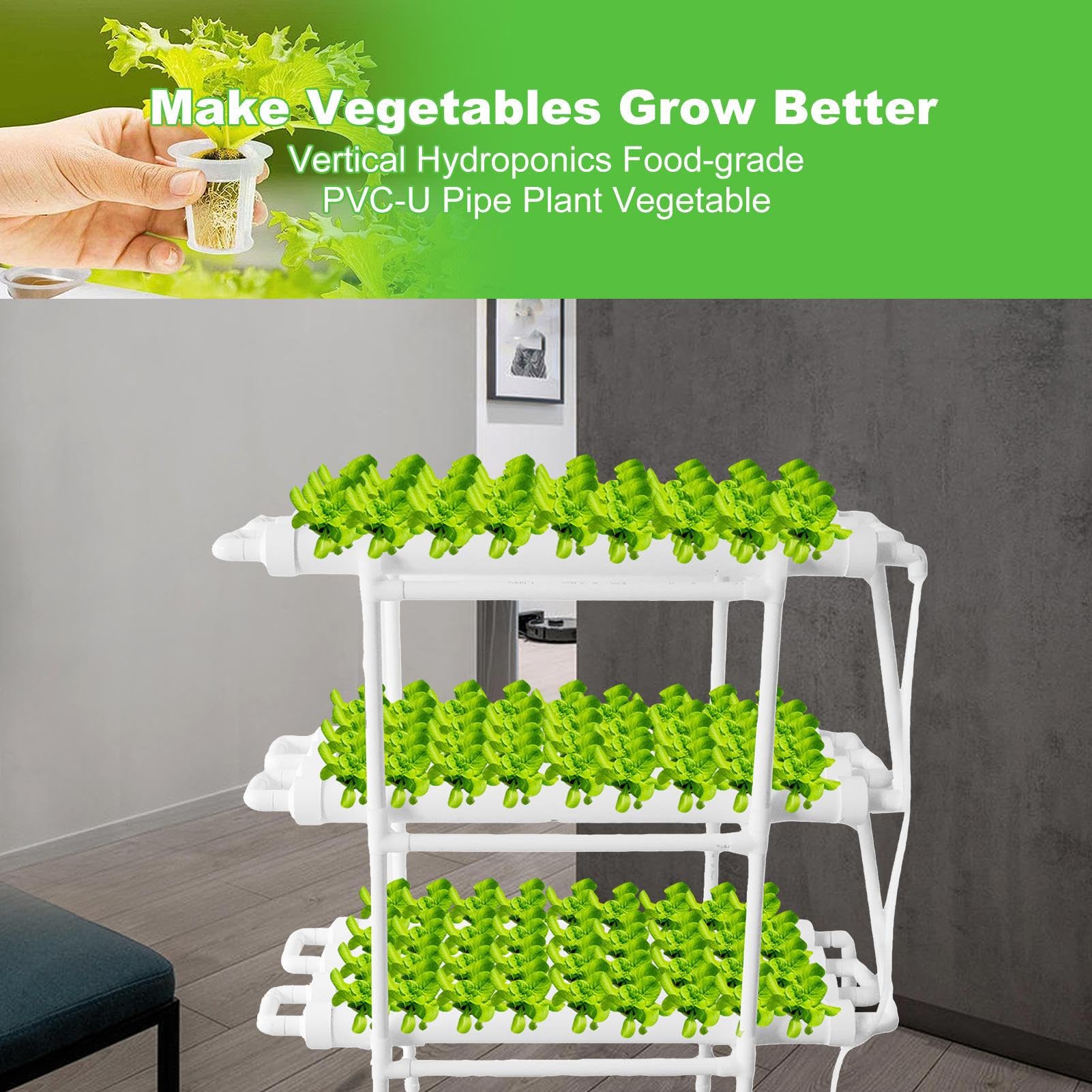 Sistema hidropónico | Sistema de Cultivo hidropónico en Interiores con Sistema de tuberías de PVC y Bomba de Agua, Temporizador y Kit de Cultivo para Verduras de Hoja