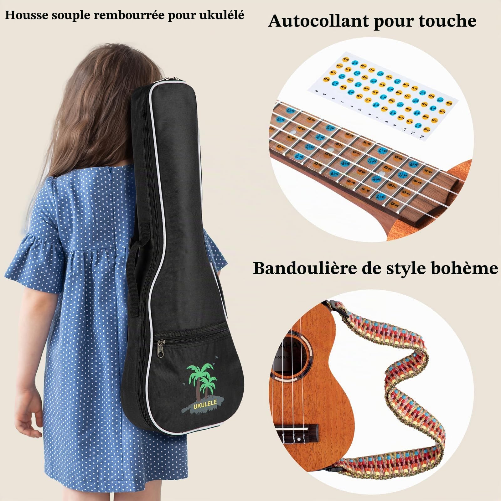 CAHAYA Ensemble de ukulélé soprano de 58 cm : ukulélé à 4 cordes en acajou avec sac, sangle et autocollants - Convient pour débutants, enfants, adultes CY0336