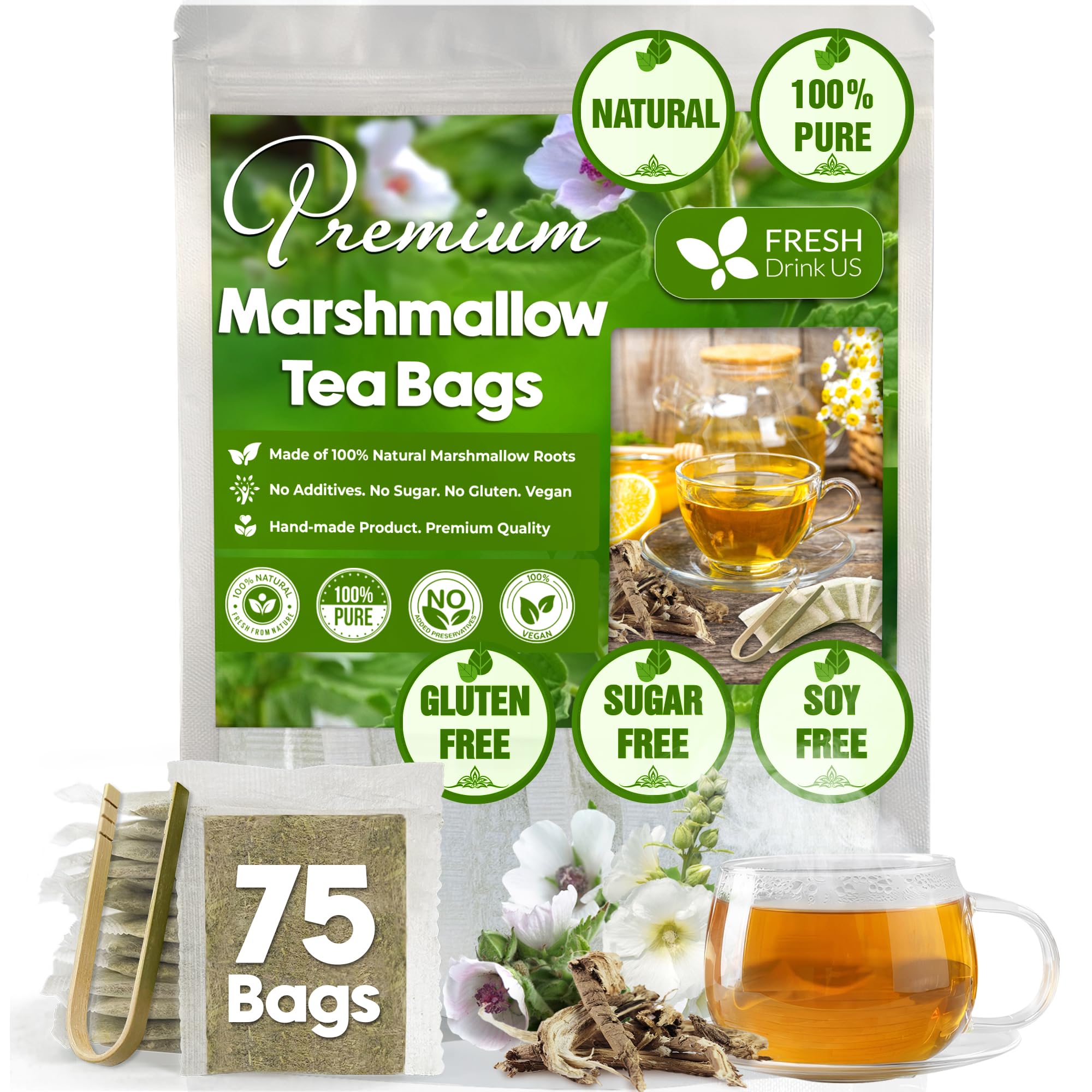 FreshDrinkUS, Premium 75 Marshmallow Root Tea Bags, 100% Natural & Pure from Marshmallow Root, Eco-Conscious Tea Bags, Marshmallow Root Herbal Tea. No Sugar, No Caffeine, No Gluten, Vegan.