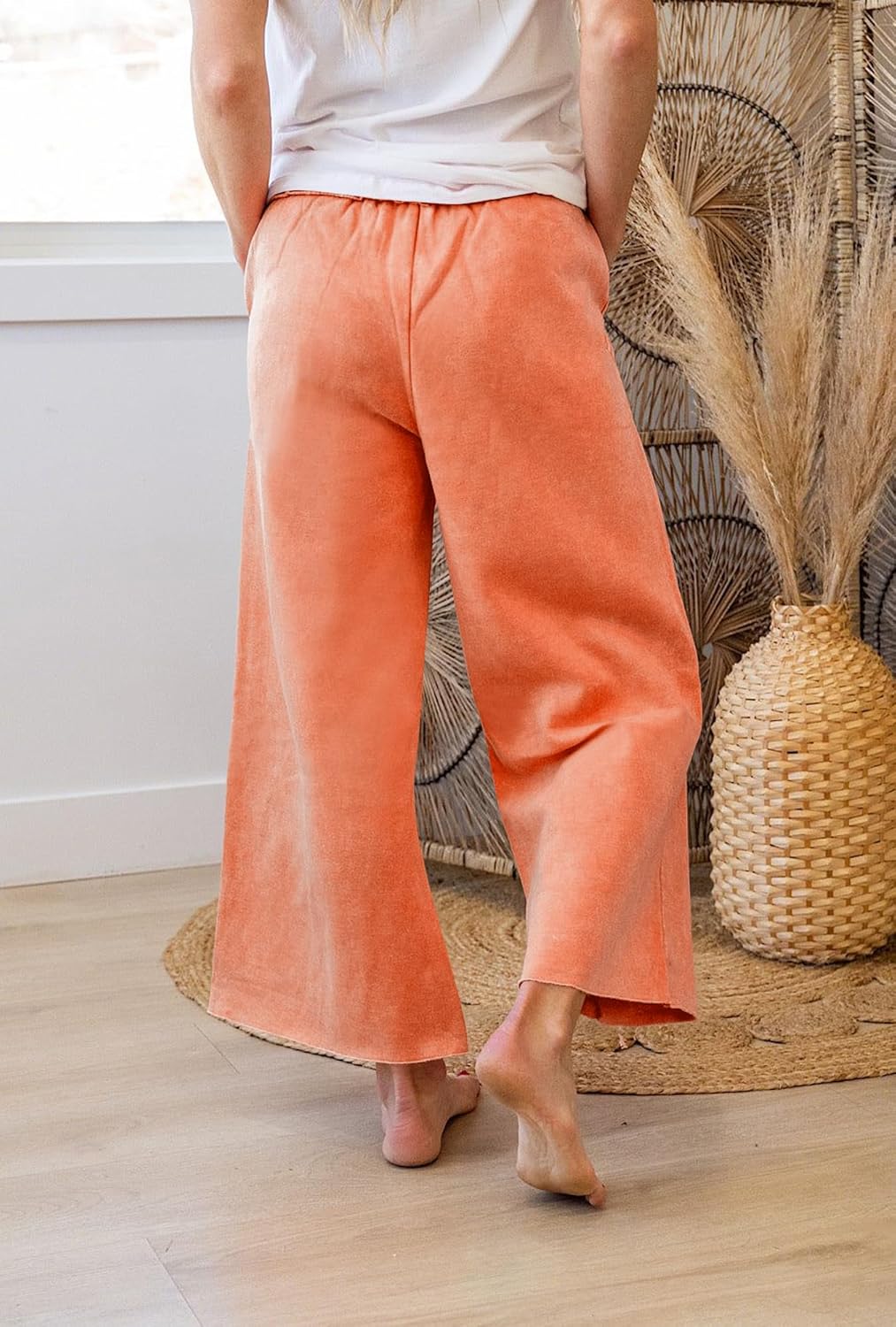 miduo Womens Elastic High Waist Drawstring Wide Leg Cropped Mineral Wash Lounge Pants with Side Pockets Casual Trousers