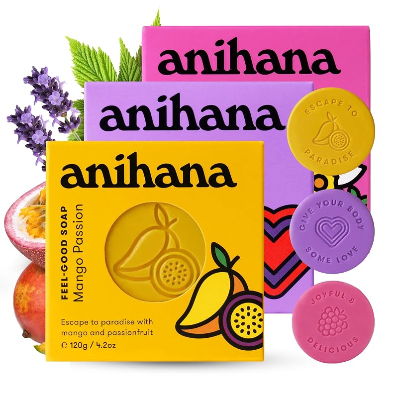 Sabonetes ANIHANA Feel-Good com óleo de coco e manteiga de karité, fragrâncias de frutas vermelhas, manga e lavanda, 3 unidades
