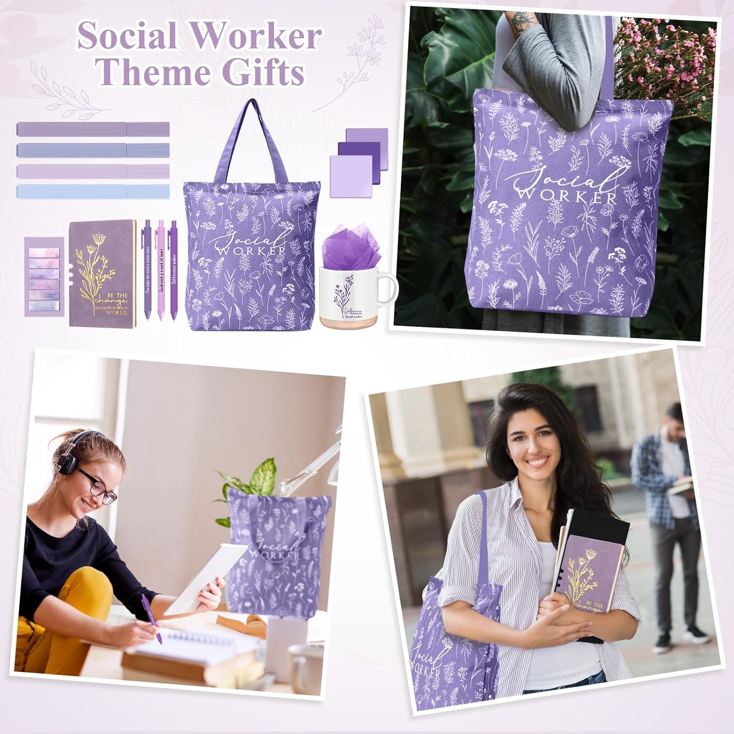 15 Pcs Social Worker Appreciation Gifts Set Notebook Coffee Mug Floral Bag Ballpoint Pens Sticky Notes for Women Social Worker MSW DSW Lcsw Volunteer Coworker Office Supplies(Purple) - Image 6