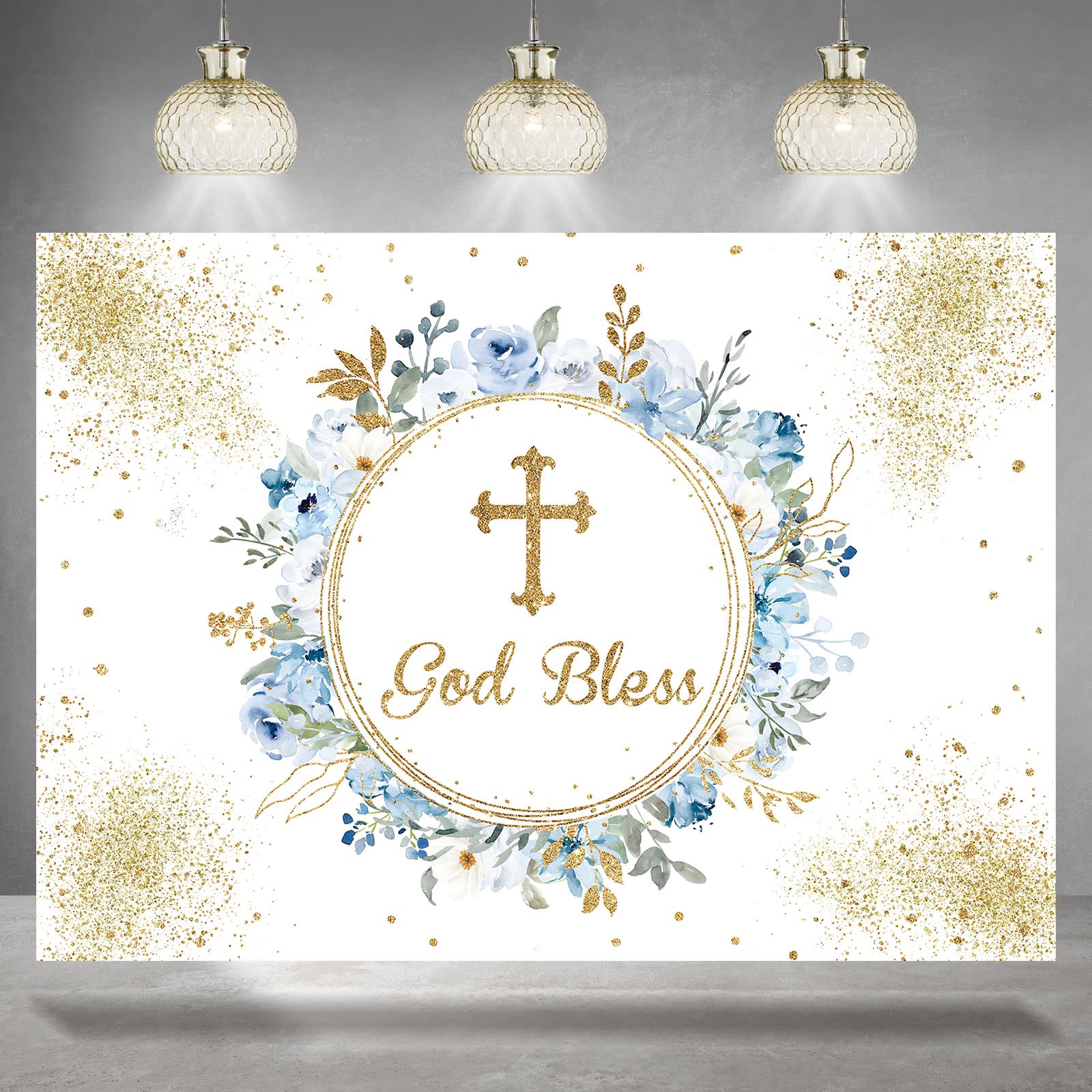 Rsuuinu God Bless Backdrop Mi Bautizo First Holy Communion Mexican Baptism Party Decorations White and Blue Flowers Baby Christening Photography