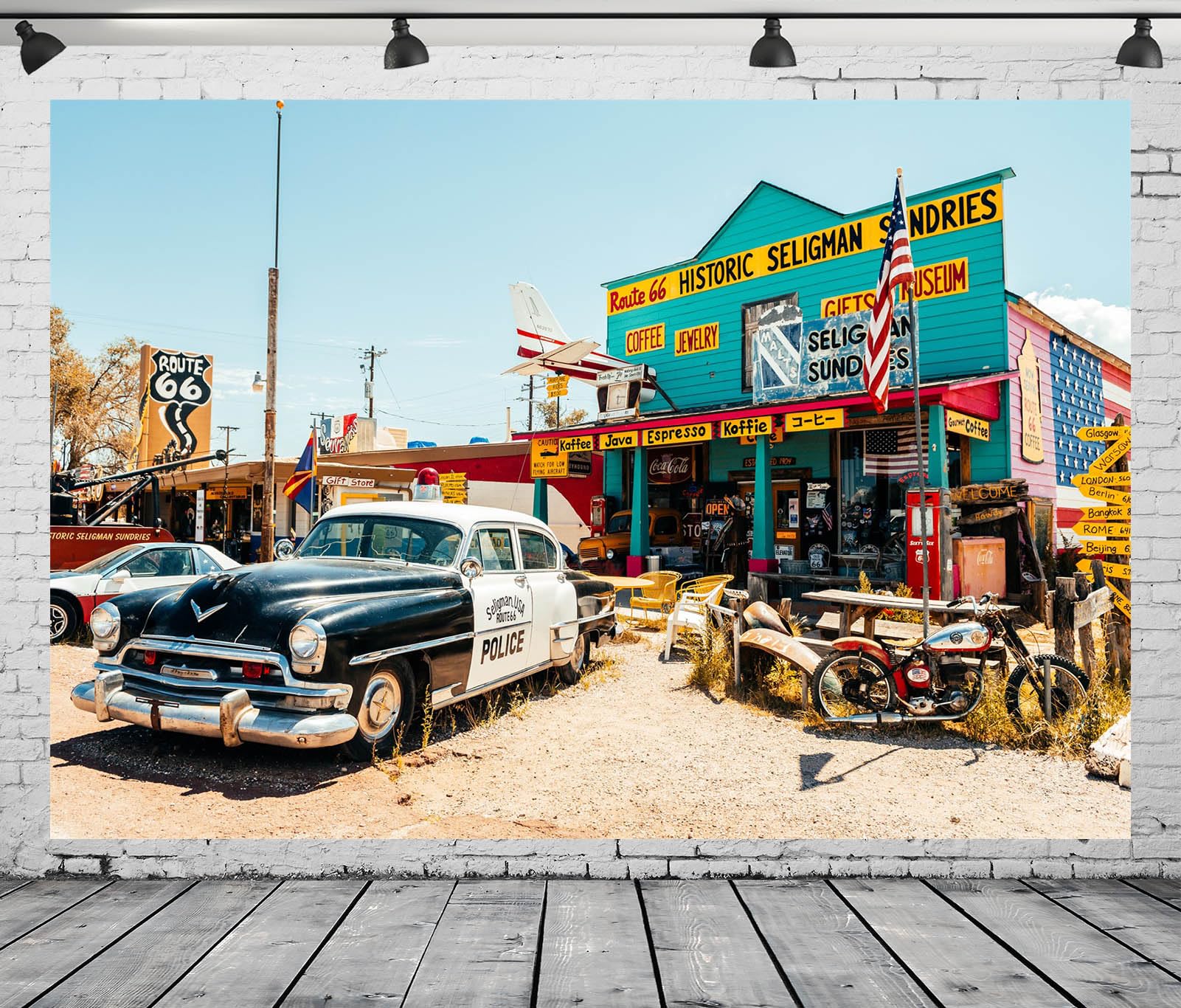 CORFOTO 10x8ft Historic Route 66 Town Backdrop Western Landscape Photography Background for Wild West Party Decorations Route 66 Photoshoot Props