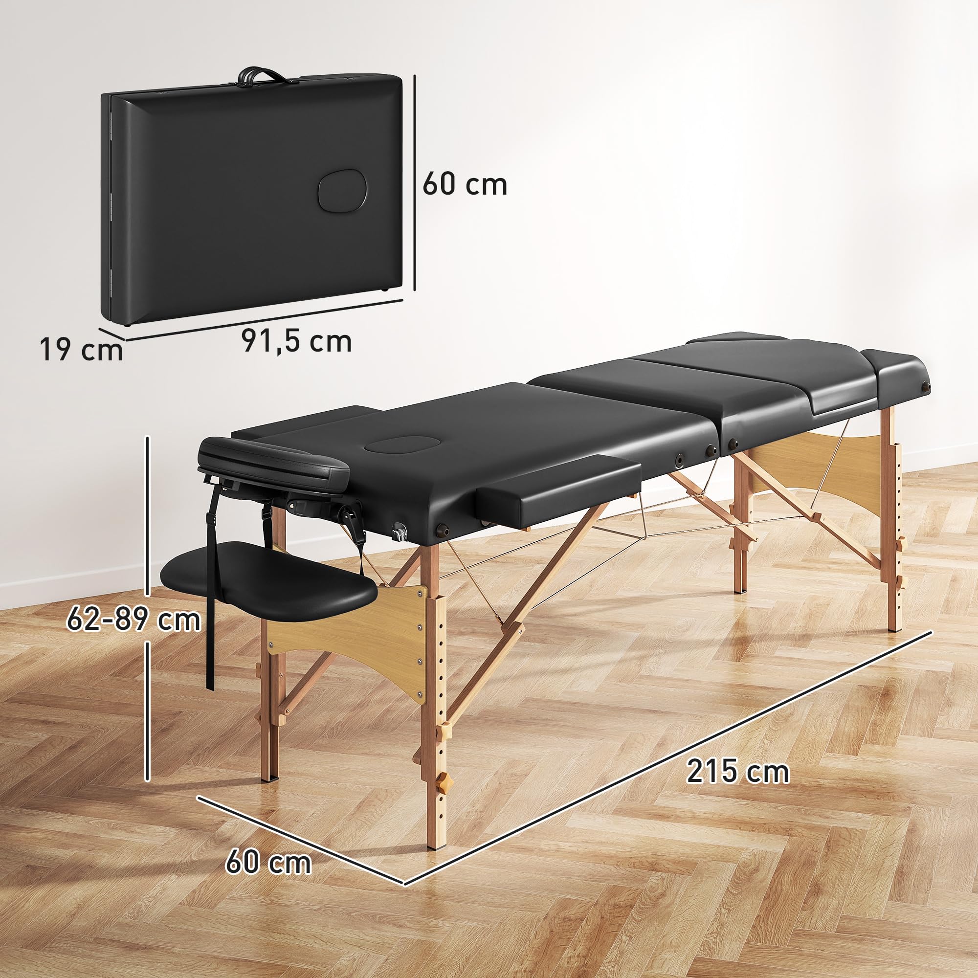 HOMCOM Camilla Masaje Plegable Portátil Camilla Estética Profesional de Madera de 3 Zonas con Altura Ajustable Reposacabezas Reposabrazos Acolchados para SPA Pestañas Tatuajes 215x60x62-89 cm Negro