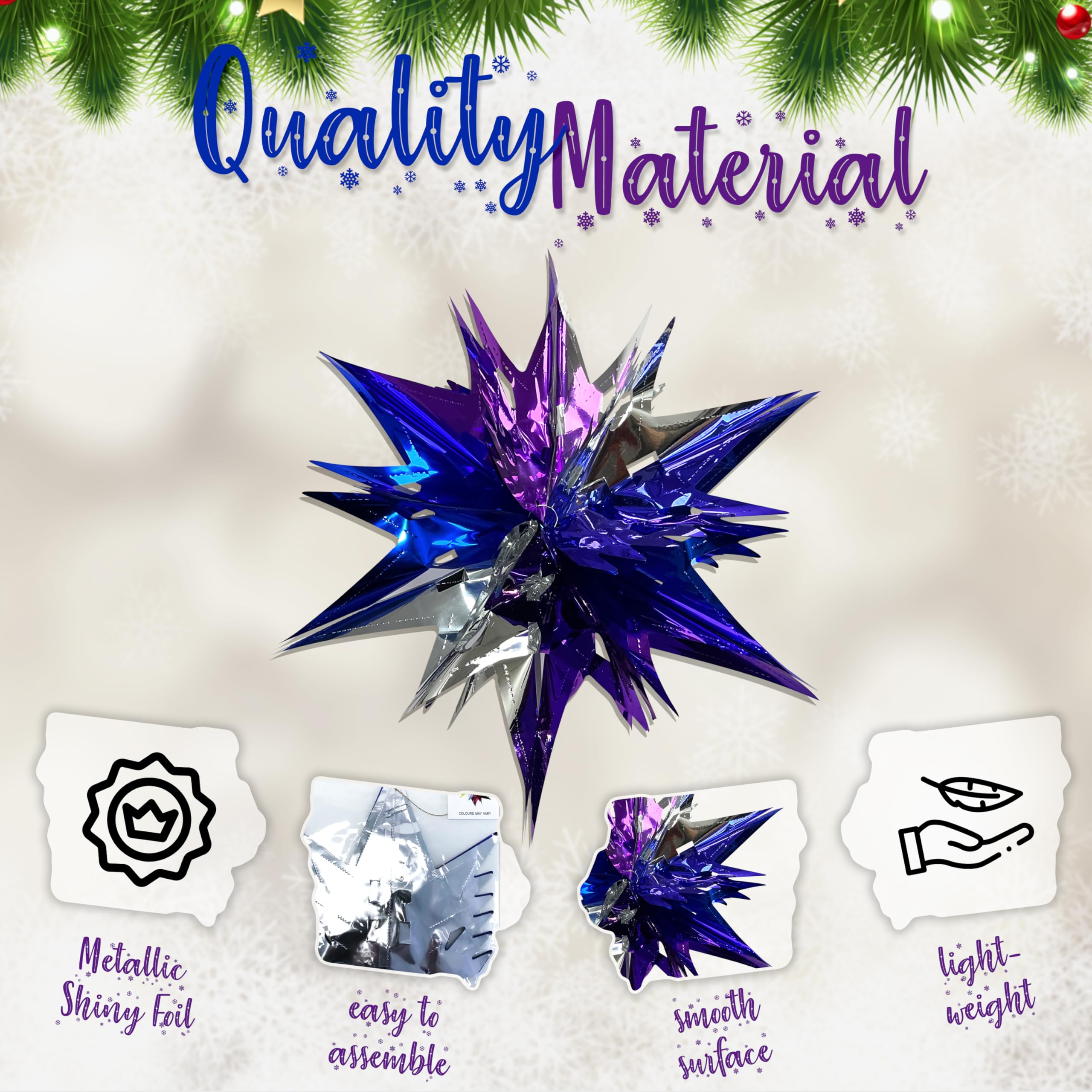 3PC Christmas Ceiling Decorations, Festive Foil Garland & Starburst Hanging Tinsel in Purple - Image 4