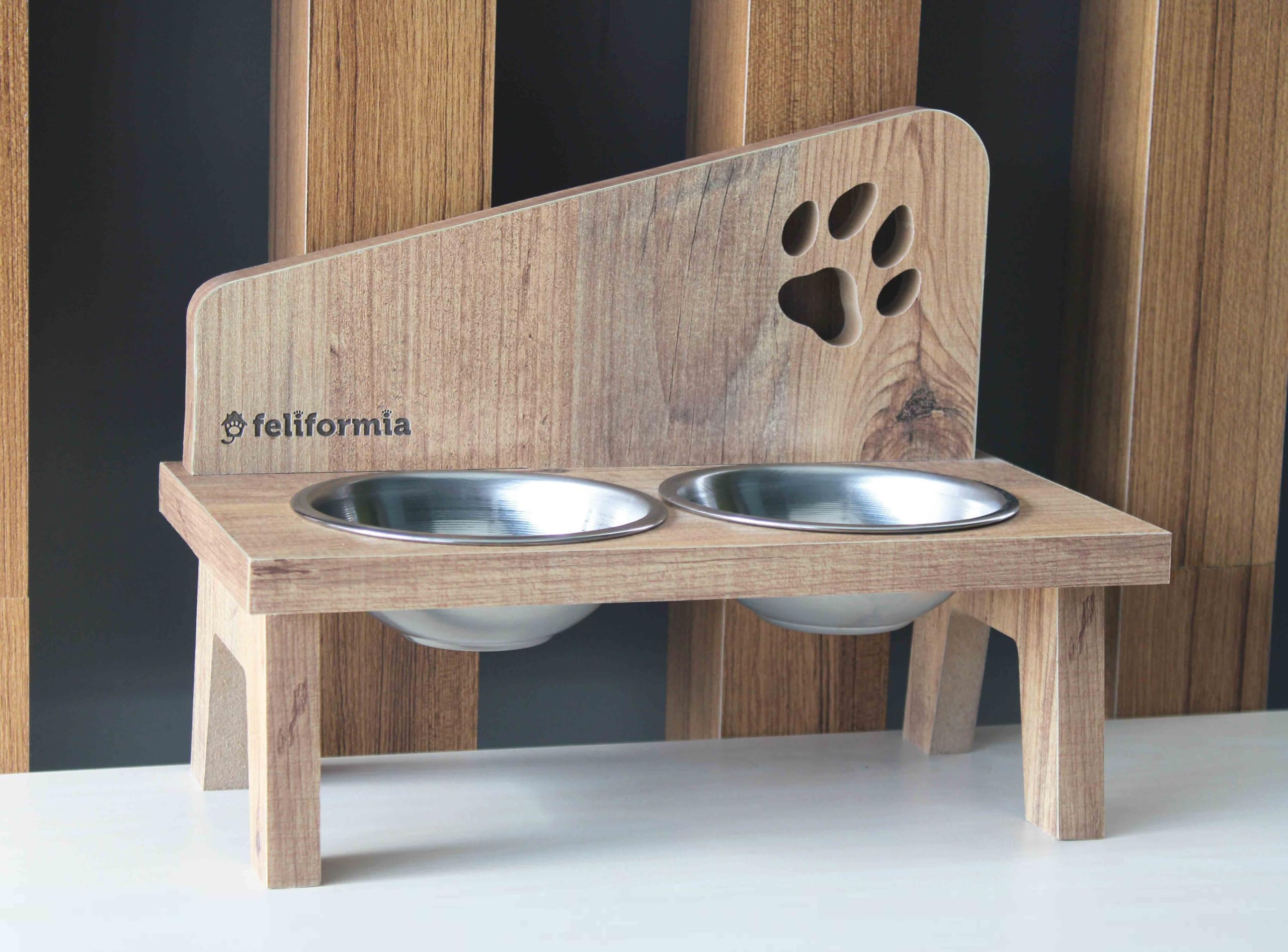 Feliformia® - Cuenco para gatos (600 ml, soporte de madera, con dos cuencos, acero inoxidable)