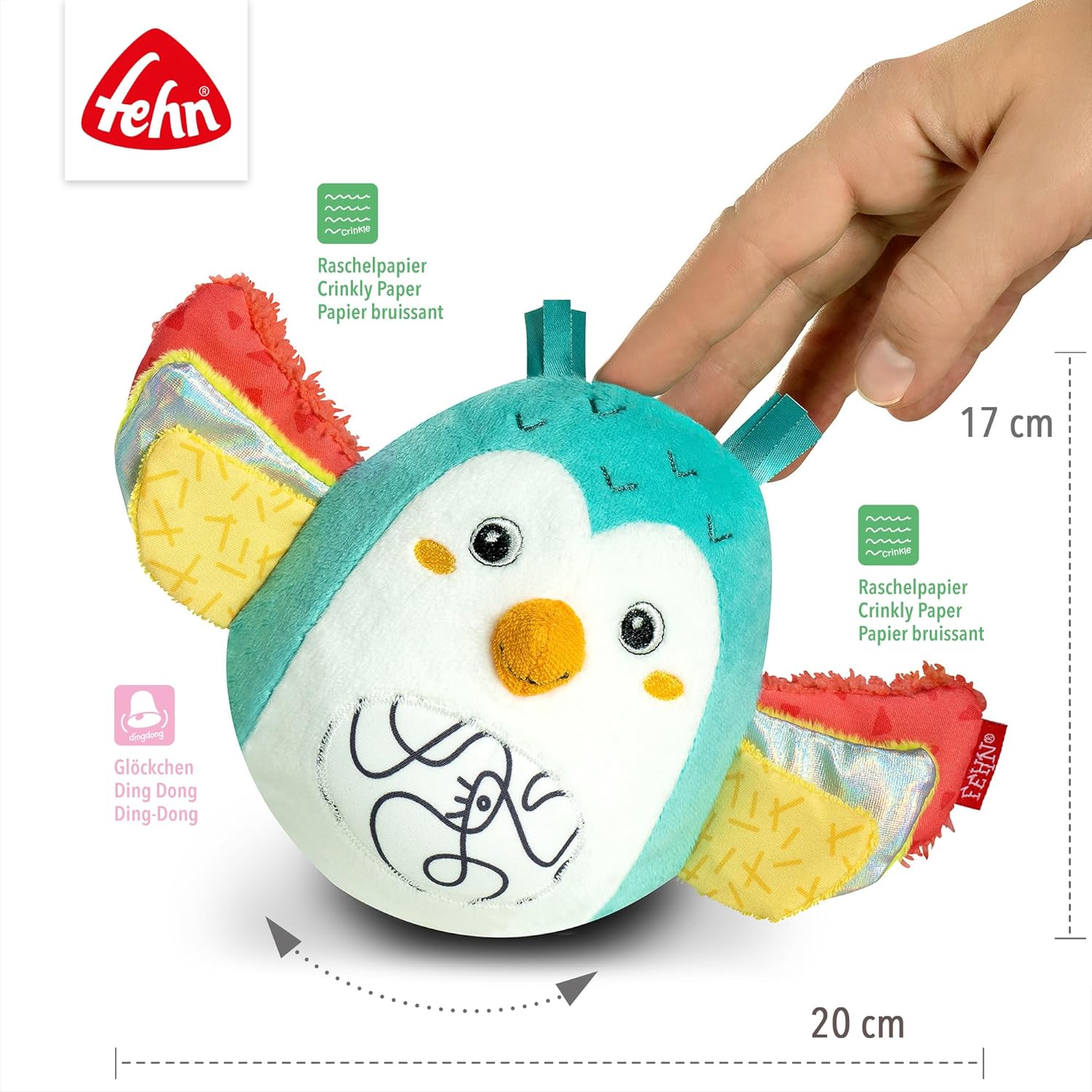 Fehn Owl Toy - Baby Motor Skills Toy - Owl with Rustling Paper and Bell for Babies and Toddlers 6+ Months