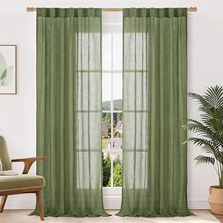 LAMIT Sage Green Sheer Linen Curtains 84 Inch Length for Living Room