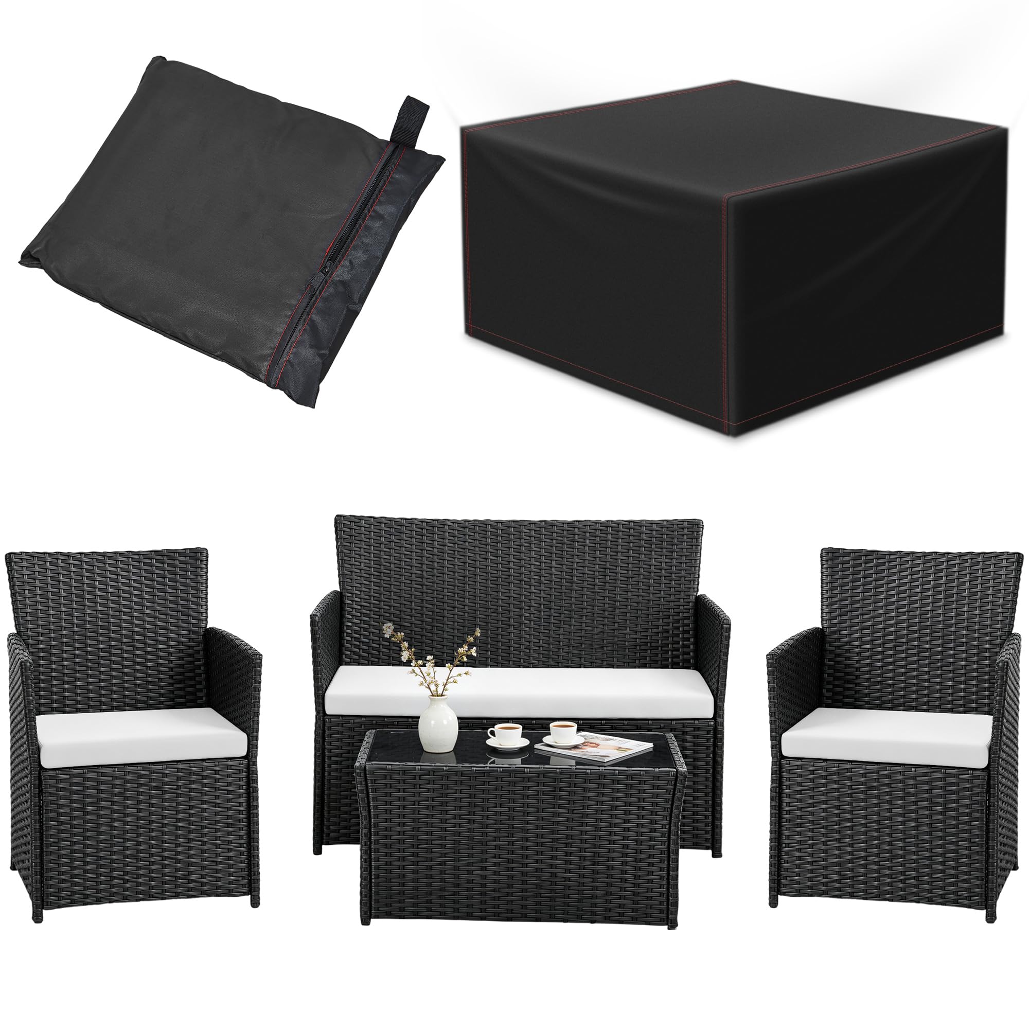 4pc Black Rattan Garden Furniture Set with Coffee Table & Waterproof Cover
