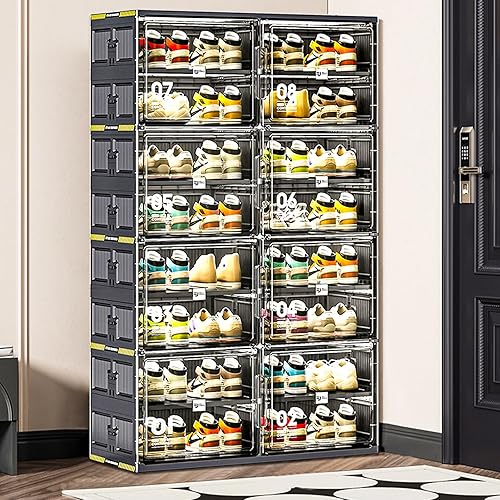 Miniatura 4 de 32 pares de gabinetes portátiles de almacenamiento de zapatos de instalación rápida de 3 pasos, caja de zapatos de plástico con puerta magnética