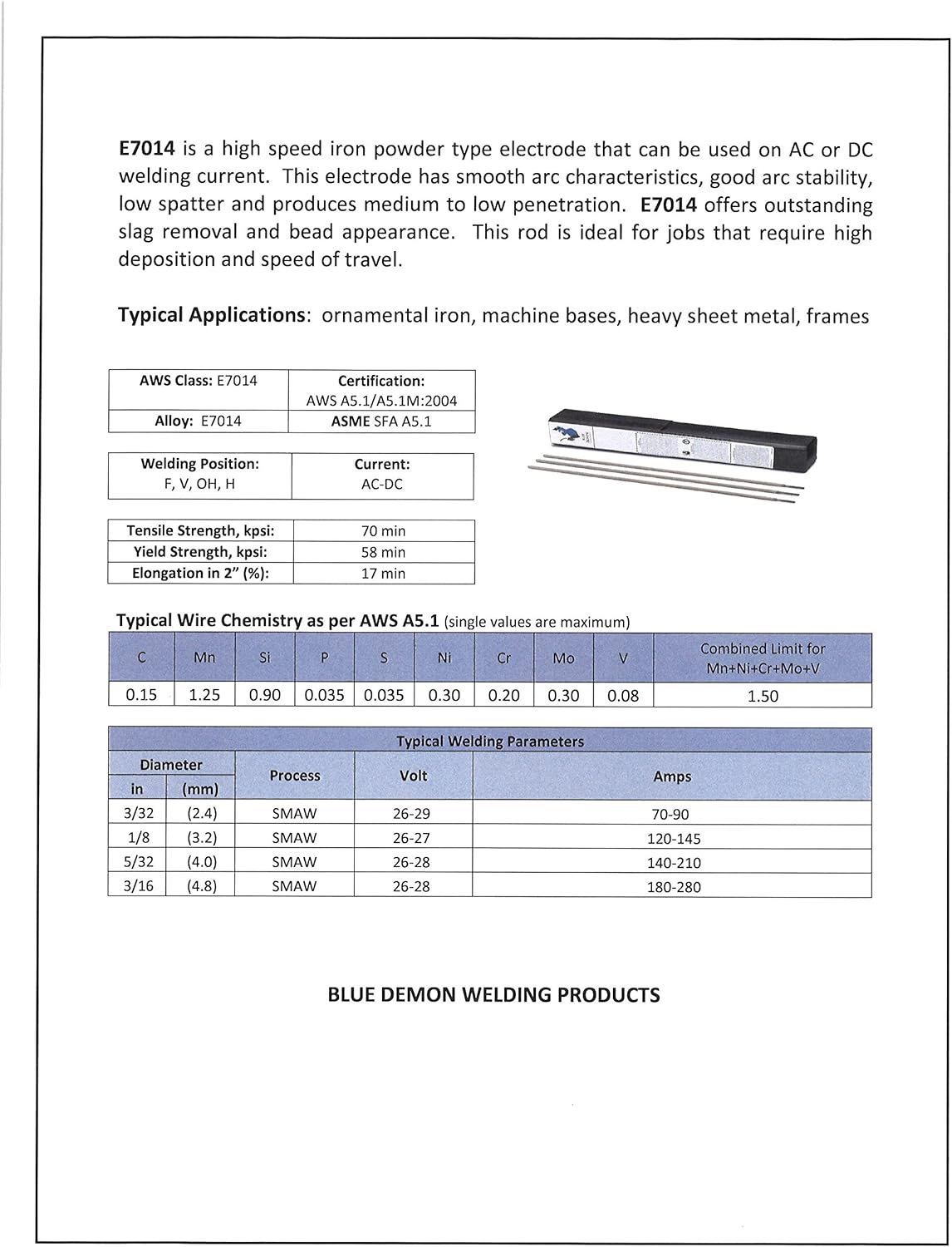 Blue Demon - E7014-564-05P 7014 X 5/64" X 14" X 5LB Plastic Iron Powder Carbon Steel Electrode - Brazing Rods - 