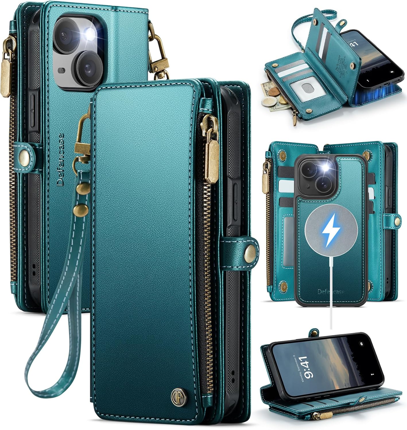 Defencase for iPhone 14 Plus Magnetic Wallet Case Compatible with Magsafe with RFID Blocking Zipper Strap Card Holder for Women Men PU Leather Detachable Case for iPhone 14 Plus (6.7 inch), Blue Green