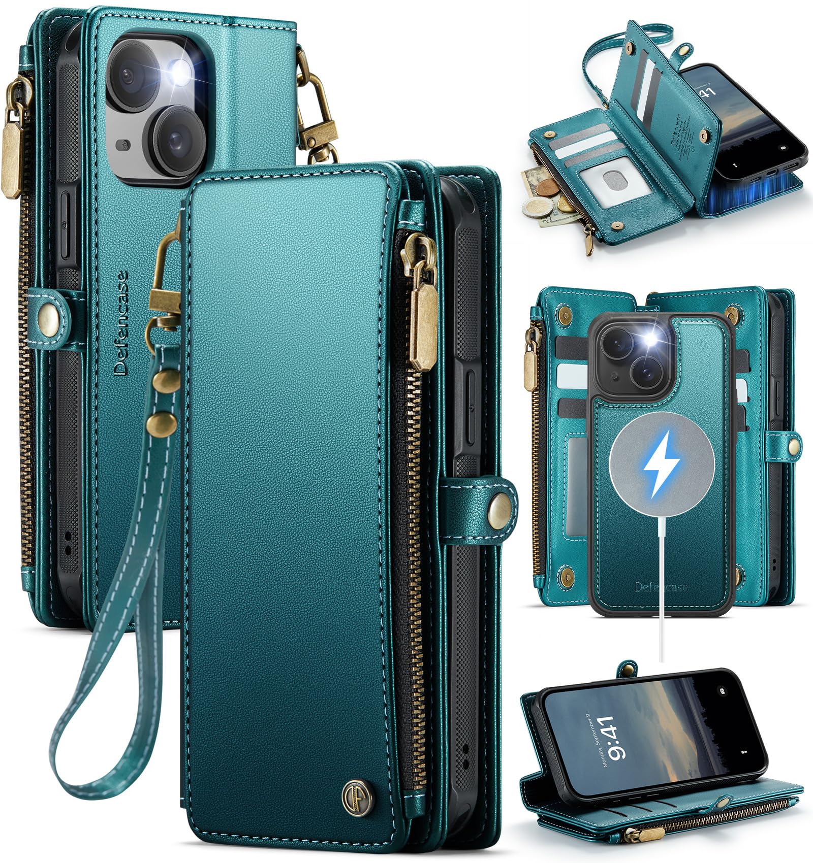 Photo 1 of Defencase for iPhone 14 Magnetic Wallet Case Compatible with Magsafe with RFID Blocking Zipper & Card Holder for Women Men, PU Leather Strap Detachable Phone Case for iPhone 14 (6.1 inch), Blue Green