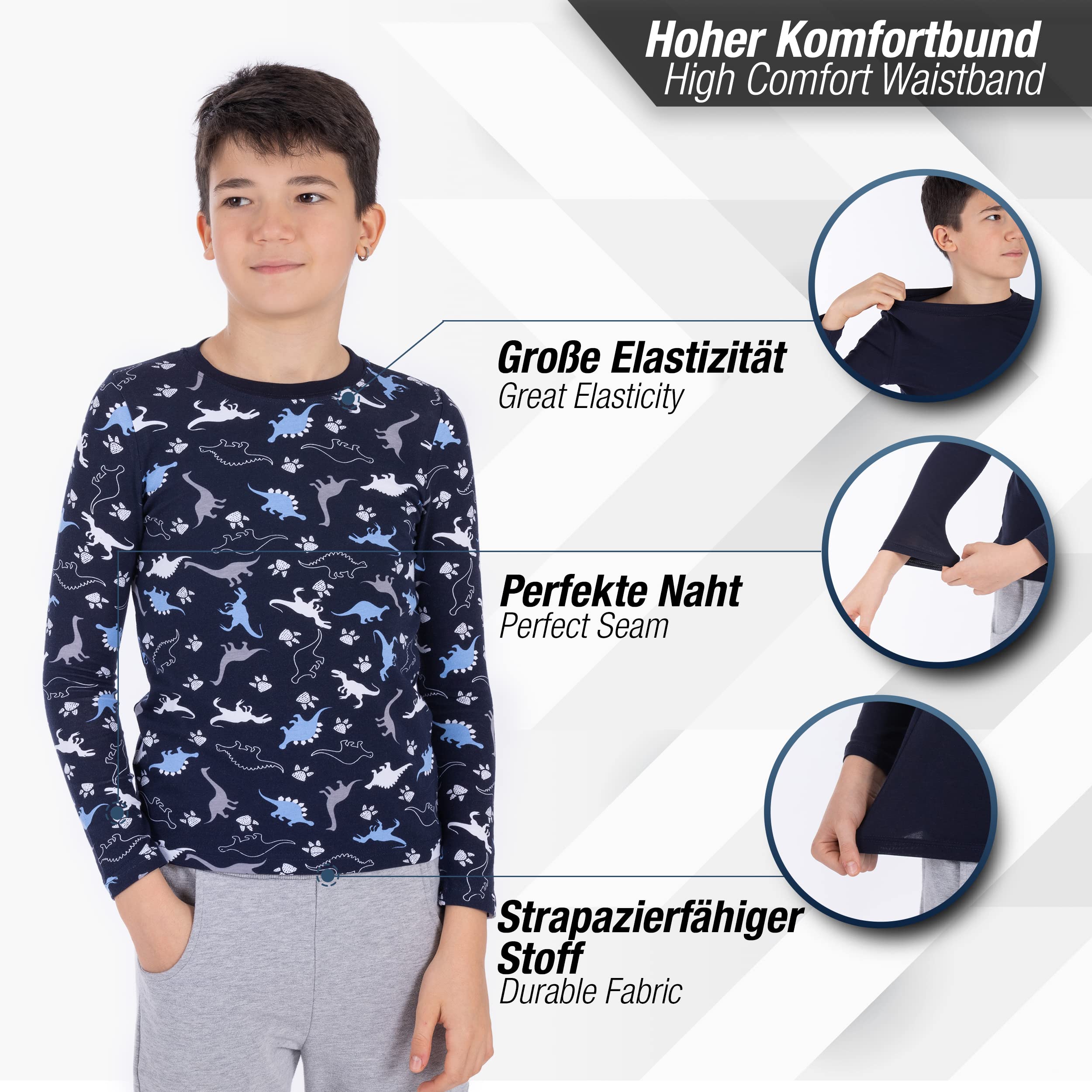 LOREZA ® 3 sous-vêtements Manches Longues Dinosaures Enfants Garçons sous-Vetements Maillots de Corps Chemise